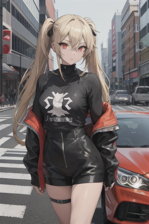 (masterpiece:1.2, highest quality), 1 female, alone, In town, The background is Shibuya 109, Scramble crossing,sports car standing next to, blonde, twin tails, red eyes, black skin, (open chest:1.1),