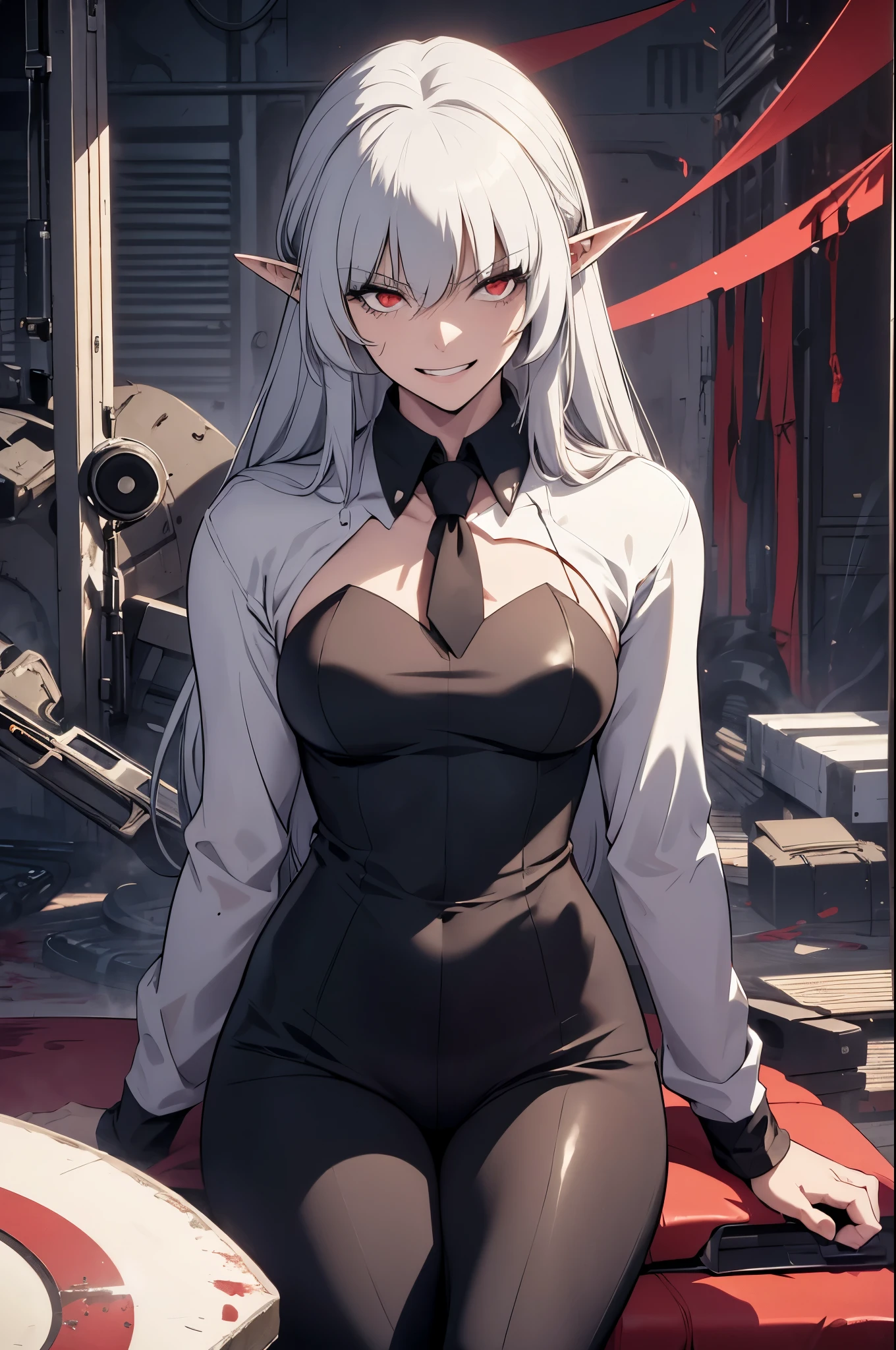 alice,vampire,grey hair, long hair, red eyes, pointy ears, small breasts,1girl, Makima (Chainsaw Man), beautiful face, detailed face, pretty, long hair, tied hair, hair bang, straight hair bang, detailed eyes, mature woman, mommy, smiling sadistically, evil smile, crazy grin, tie, sitted on chair, black tie, white leotard, office pants, dark gray pants, latex pants, boots, black boots, leather boots, combat boots, red light, blood on face, stains of blood on the face
