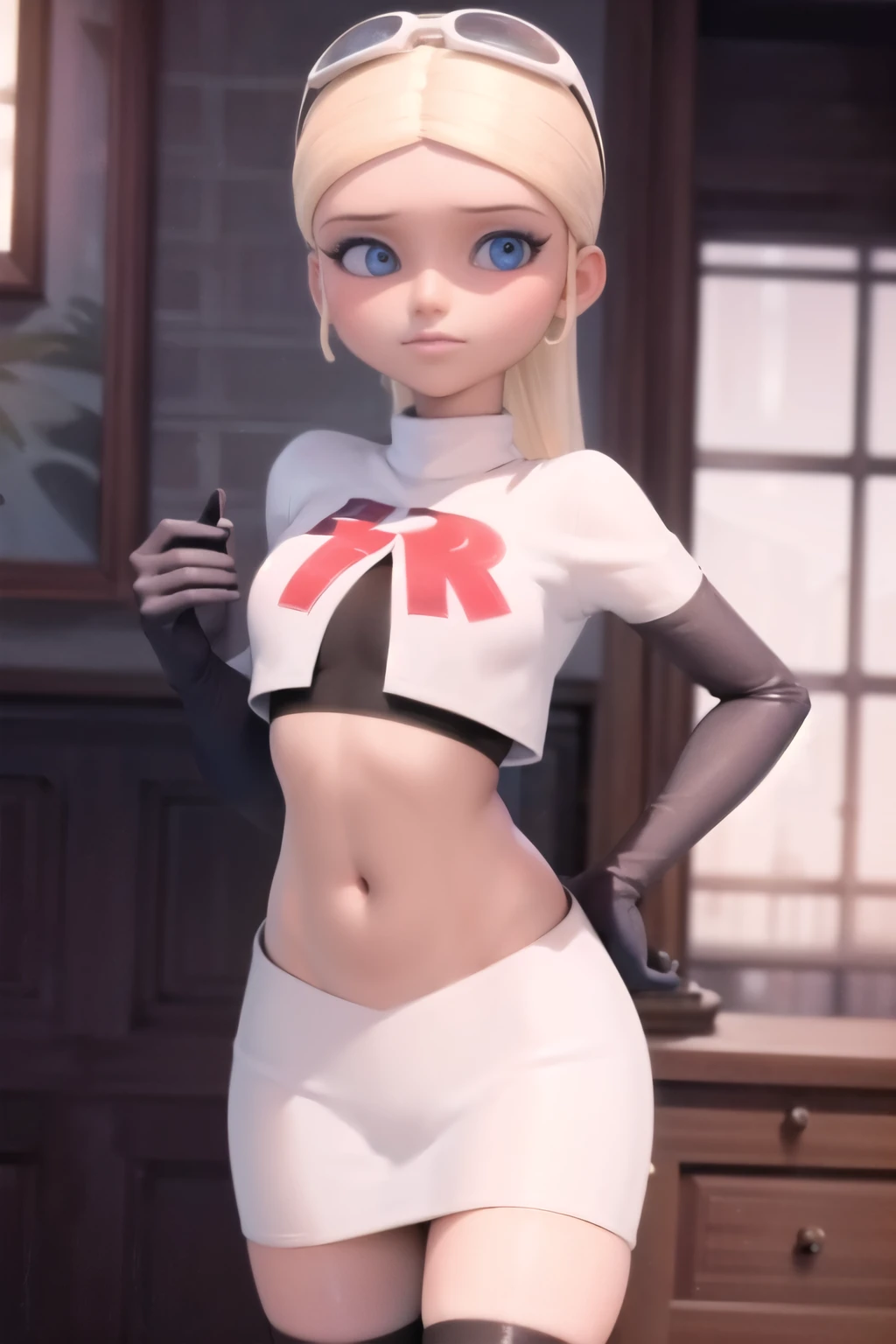 (8k, RAW photo, best quality, masterpiece:1.2), (intricate details), highres, perfect eyes, perfect face, perfect lighting, beautiful, (masterpiece:1.2), (best quality:1.2), 1girl, solo, chloe, blue eyes, blonde, team rocket,team rocket uniform, red letter R, white skirt,white crop top,black thigh-highs,black elbow gloves