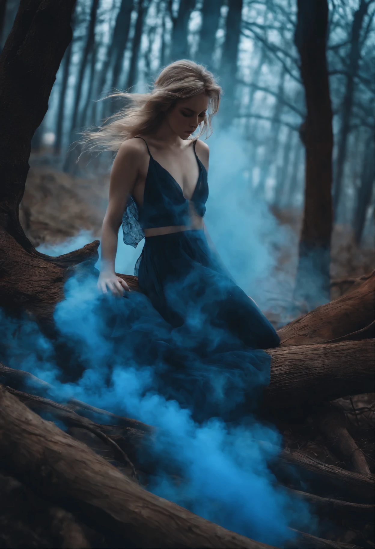 Anime style, fallen angel, dry trees, blue smoke, gloving