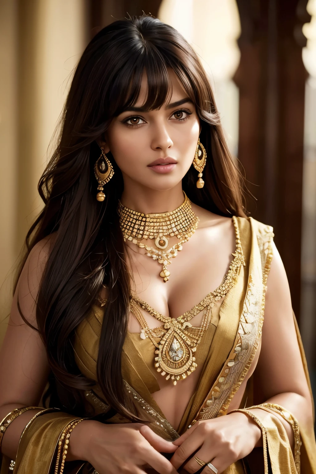 RAW, Best quality, high resolution, masterpiece: 1.3), hyper realistic, cinematic ultra HD, Full body portrait,
A 30 years old beautiful Indian woman with long dark brown hair and bangs is featured in the full body image. She is 30 years old,
Masterpiece: 1.3, Exquisitely detailed, Hyper realistic,
30 years old, Indian beauty, Full-length portrait,
Long dark brown hair, Bangs, Serene gaze,
Adorned with Gold jewelry, Deep clunging neckline,
Necklace, Earrings, Sharp facial features,
Long eyelashes, Serious expression,
