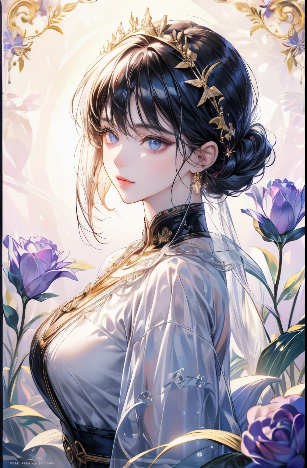A woman with a crown on her head standing in a field of flowers - SeaArt AI