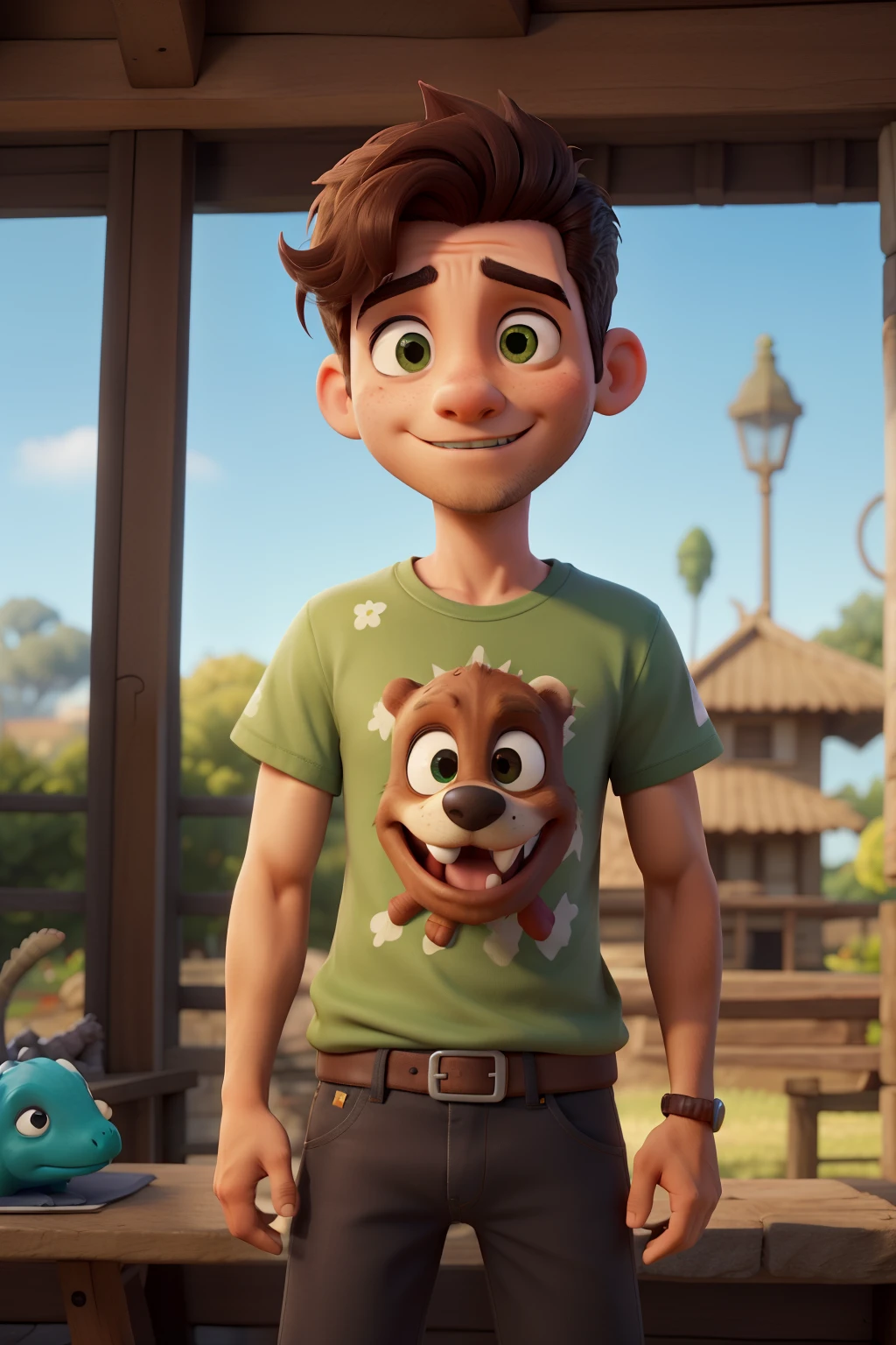 A , de 3 anos de idade, do sexo masculino parado na frente, usando uma jardineira verde claro e um camiseta banca por baixo, with a stuffed dinosaur in his right hand , tendo como pano de fundo um quarto