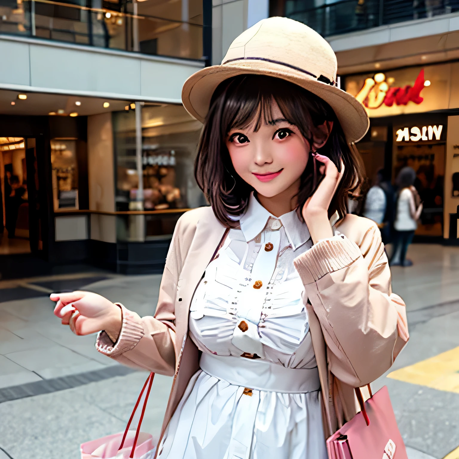 beautiful big breasts, fluffy brown hair, brown eyes, short hair, bangs, blush, smile, Shopping mall, pink jacket, cute hat, Cute Bag, young beautiful girl, white dress, frills, ribbon, Frolic happily, ,