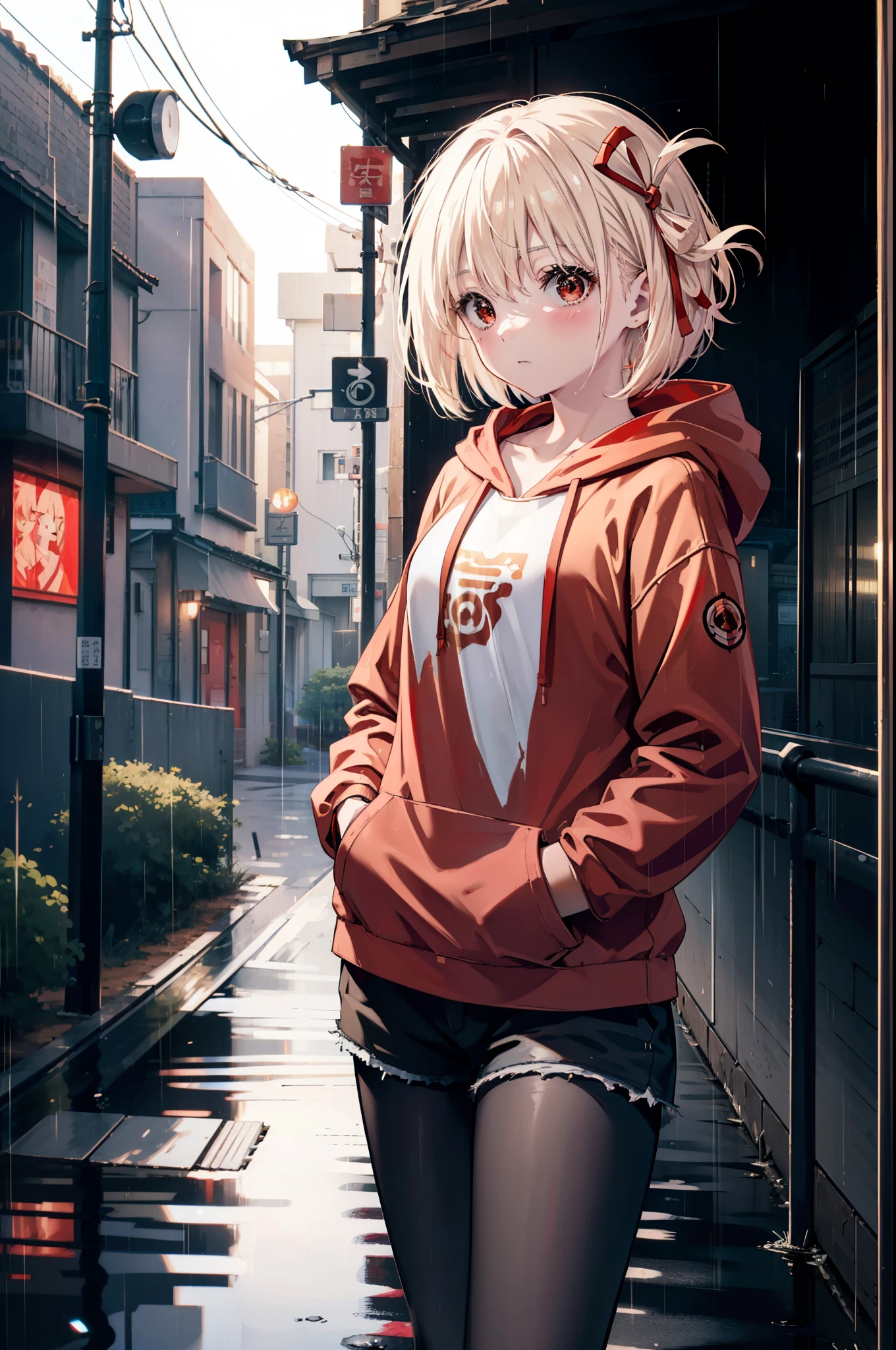 chisatonishikigi, nishikigi chisato, short hair, bangs, blonde hair, (red eyes:1.5), hair ribbon, one side up, bob cut,oversized red hoodie hood up,red mask,shorts,black pantyhose,Both hands are in the pockets of the hoodie,walking,rain,cloudy sky,puddle,
break outdoors, In town,building street,
break looking at viewer, (cowboy shot:1.5),
break (masterpiece:1.2), highest quality, High resolution, unity 8k wallpaper, (figure:0.8), (detailed and beautiful eyes:1.6), highly detailed face, perfect lighting, Very detailed CG, (perfect hands, perfect anatomy),