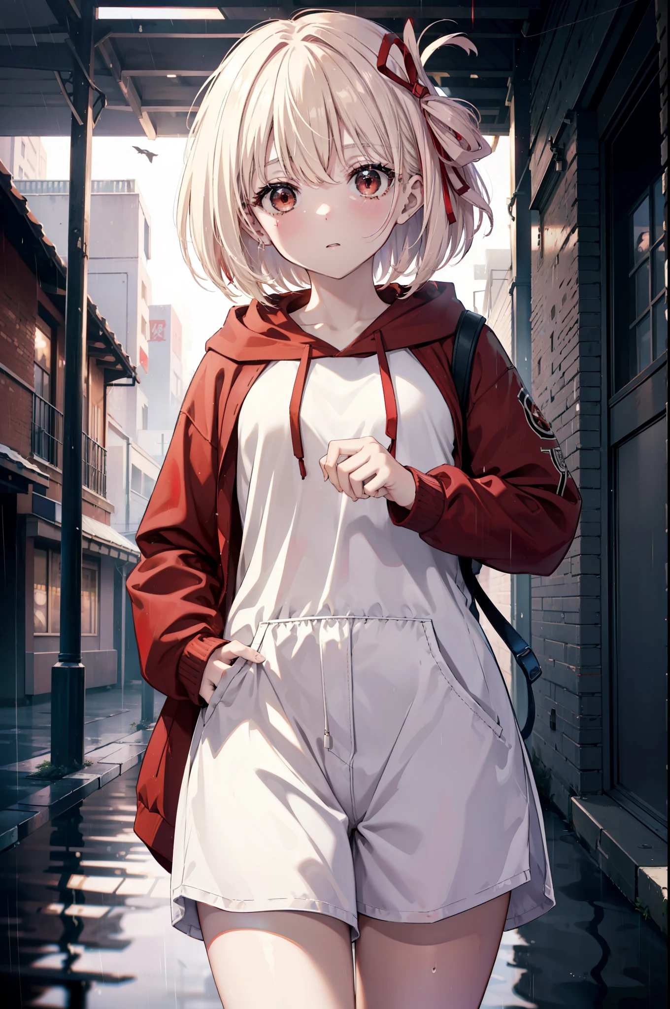 chisatonishikigi, nishikigi chisato, short hair, bangs, blonde hair, (red eyes:1.5), hair ribbon, one side up, bob cut,oversized red hoodie　hood up,red mask,shorts,black pantyhose,Both hands are in the pockets of the hoodie,walking,rain,cloudy sky,puddle,
break outdoors, In town,building street,
break looking at viewer, (cowboy shot:1.5),
break (masterpiece:1.2), highest quality, High resolution, unity 8k wallpaper, (figure:0.8), (detailed and beautiful eyes:1.6), highly detailed face, perfect lighting, Very detailed CG, (perfect hands, perfect anatomy),