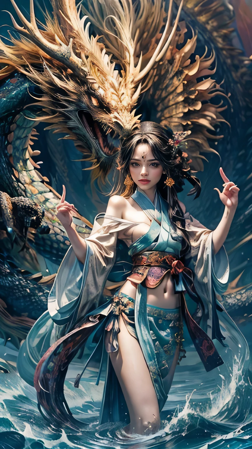 official art、Unified 8K wallpaper、Super detailed、beautiful and aesthetic、masterpiece、highest quality、(zentangle、tangle、EnTangle)、(fractal art: 1.4)、(character center: 1.3)、1 girl、Dragon goddess with a dragon accompanying her、Scary black dragon、black hair、Chinese、off-shoulder、short skirt、calf、belly button、very detailed、dynamic angle、cowboy shot、（The most beautiful form of chaos）、graceful、（bright colors）、China、（thangka flying sky：1.5）,Accurate anatomy body and hands、(4 fingers and 1 thumb)、
 (ribbon: 1.3)、(dream: 1.5)、(Hanfu: 1.5)、Chinese dragon、Chinese phoenix、(smile: 0.5)、( God of China々)、