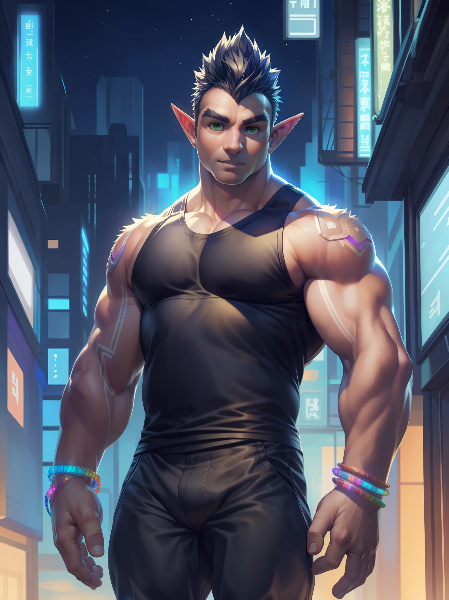 Cyberpunk, male elf, muscular body, purple and cyan hair, blue and pink eyes, naked body