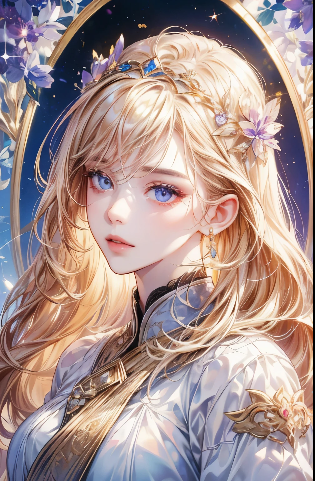 Long-haired woman、bust、white skinned、Symmetry between left and right eyes、delicate eyes、sparkling violet eyes、golden hair accessories、Mosaic pattern background、spotlight、high contrast、Striking shadows、Detailed shadows、Perfect workmanship、Masterpiece、top quality、Top image quality