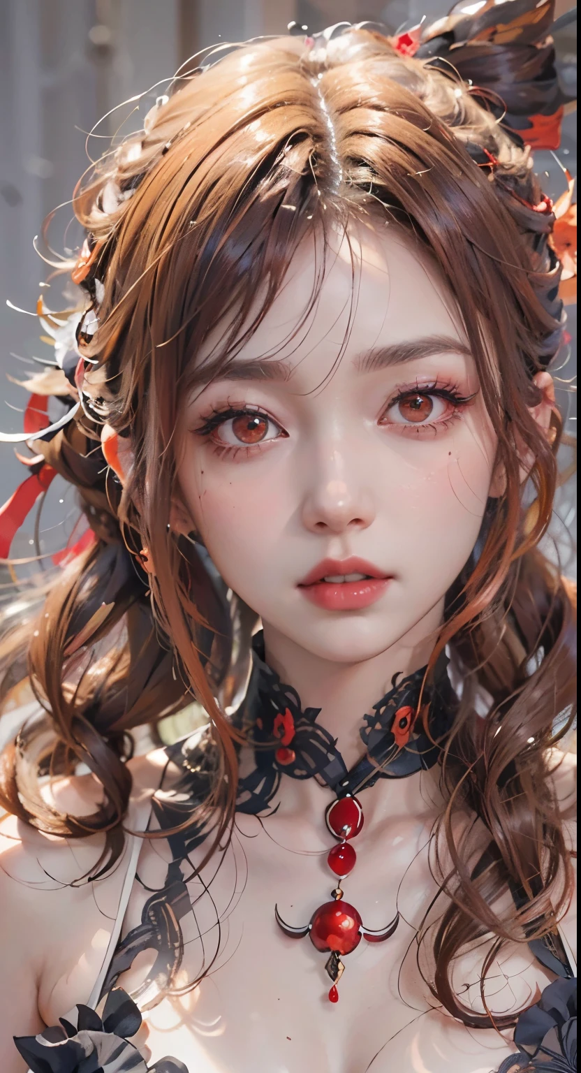 Modify hair only、Face）Reddish-brown hair，curls，ponytail，Nice bun，Perfect hairstyle，red headdress，red eyes，red eye，red pupils，Delicate and detailed eyes，clear eyes，Red eyes，huge ，Not wearing anything，Extremely detailed CG unified 8K wallpaper，blurred background，realistic