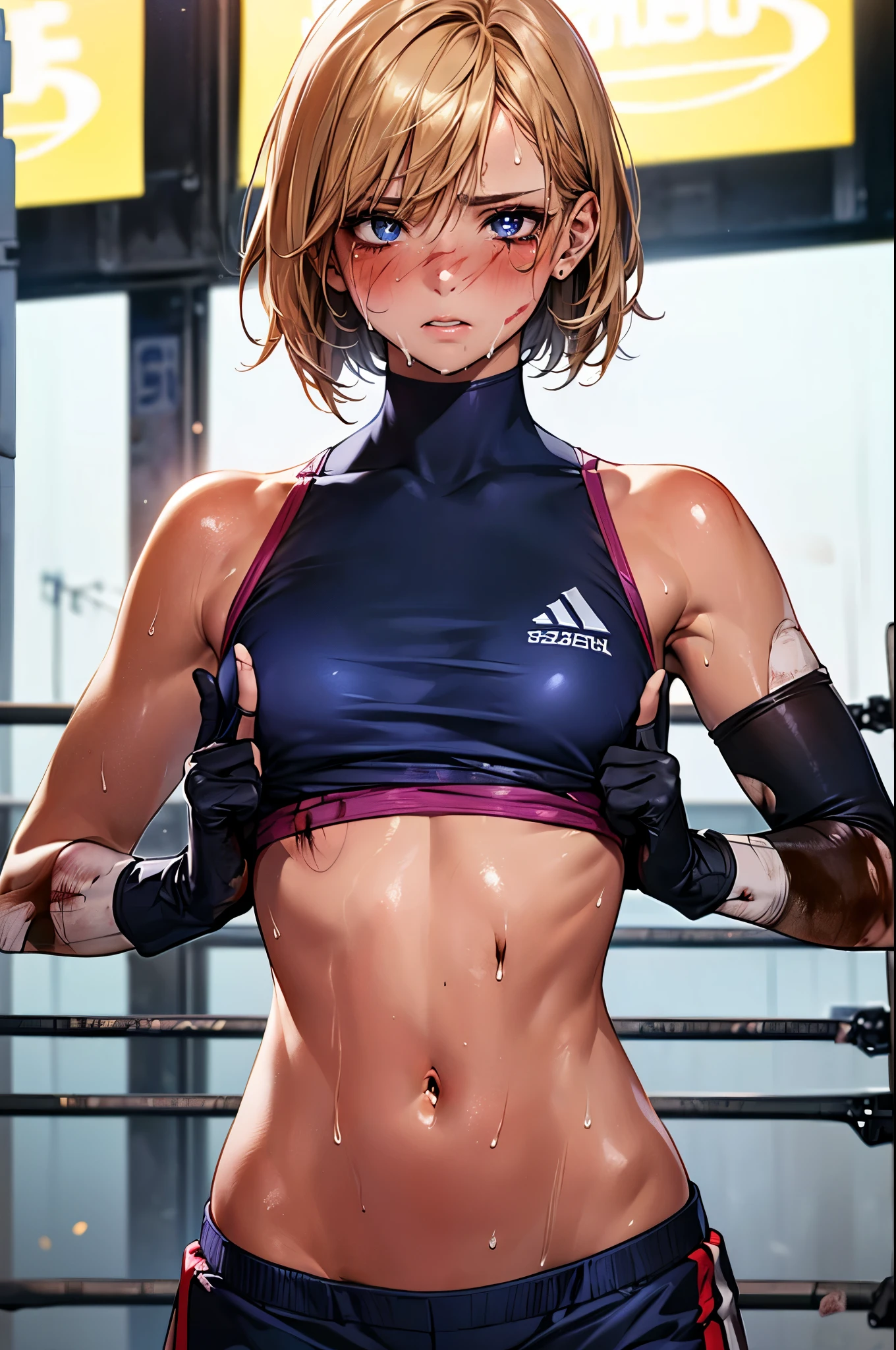 ((nsfw,1man and 1woman,having rape,raping)),(During a martial arts match、simple boxing ring)、((perfect anatomy,realistic,:1.3,RAW Photography:1.3,masterpiece、highest quality、Ultra - High resolution、High resolution、Highly detailed CG、8K)),cowboy shot,1 female,solo,20 year old beauty、female martial arts athlete、beautiful detailed face and eyes,big and gorgeous eyes),dark blue eyes,(blonde hair,short bob hair,bangs),(large breasts,slender body,small head:1.4, toned body, gleaming skin,oily skin,shiny skin),((injury,sweat,Bruises from being beaten a lot:1.5)),(navy blue sports bra、Dark blue sports shorts、yellow open finger gloves)、simple martial arts ring、dim lighting、underground、Audience in the background、