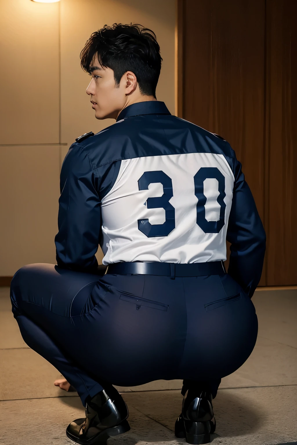 40-year-old boy ,Korean bulky male officer ,Wear navy blue police uniform shirt................ dark blue smooth tight trouser, transparent pants obvious underwear print ,((unrealistic super big tight butt wearing pants)), turn back to look at the camera, squatting on the ground.