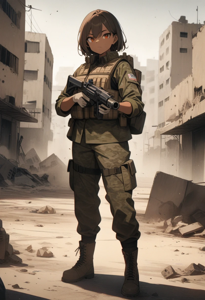 1girl, solo, Filipino woman, 26 years old, tanned bronze skin, amber eyes, (Wearing: USA marine corps uniform, camouflage military uniform, bullet proof vest, pants, utility belt, armor, boots and gloves), holding and aiming a pistol, closed mouth, looking at viewer, hair between eyes, outdoors, warzone, ruined city background, serious face, full body shot, masterpiece, best quality, very aesthetic, gritty tone, absurdres
