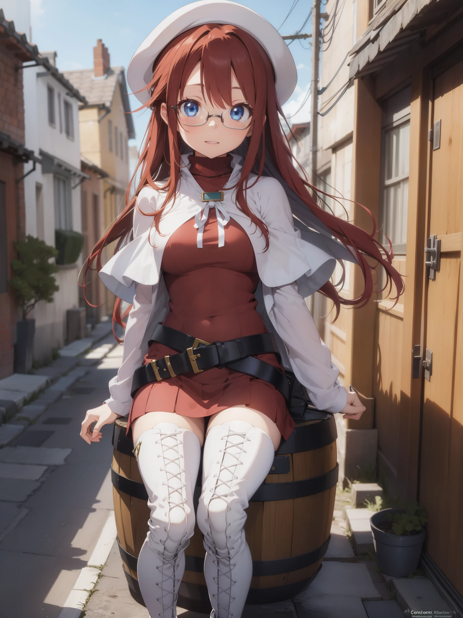 summonnightaty, aty, long hair, blue eyes, red hair, beret, hat, glasses,
BREAK long hair, thighhighs, hat, dress, boots, glasses, belt, cape, sweater, zettai ryouiki, beret, thigh boots, white footwear, ribbed sweater, loose belt,solo,
BREAK outdoors, fantasy_town,
BREAK (masterpiece:1.2), best quality, high resolution, unity 8k wallpaper, (illustration:0.8), (beautiful detailed eyes:1.6), extremely detailed face, perfect lighting, extremely detailed CG, (perfect hands, perfect anatomy),covered_nipples,covered_navel,light_smile ,walking,(half_eyes:1.2),light_open_mouth,sword,armpit,sleepy,sitting_on_the_barrel,barrel,red_sweater,