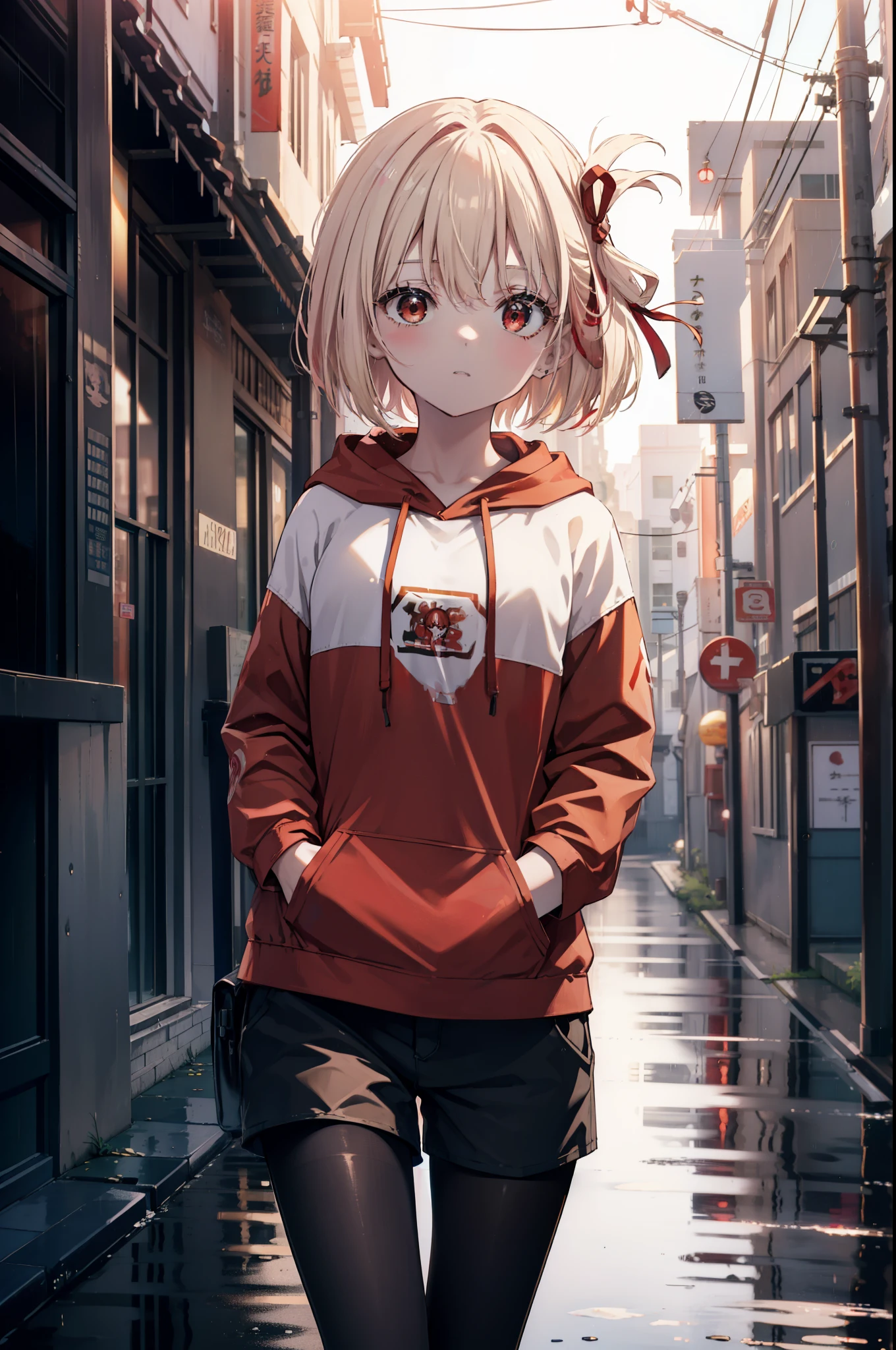 chisatonishikigi, nishikigi chisato, short hair, bangs, blonde hair, (red eyes:1.5), hair ribbon, one side up, bob cut,oversized red hoodie　hood up,red mask,shorts,black pantyhose,Both hands are in the pockets of the hoodie,walking,rain,cloudy sky,puddle,
break outdoors, In town,building street,
break looking at viewer, (cowboy shot:1.5),
break (masterpiece:1.2), highest quality, High resolution, unity 8k wallpaper, (figure:0.8), (detailed and beautiful eyes:1.6), highly detailed face, perfect lighting, Very detailed CG, (perfect hands, perfect anatomy),