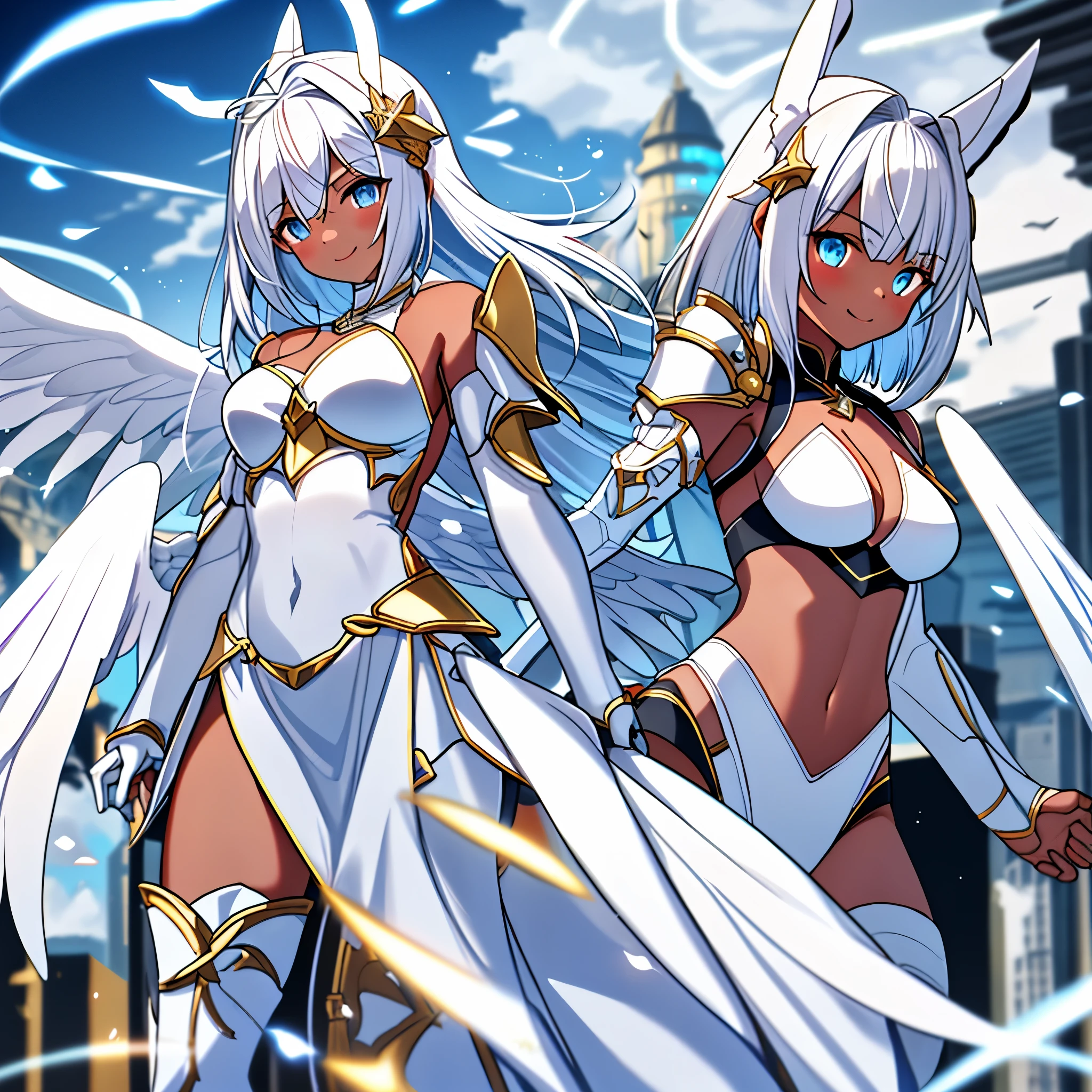 fantasy, 1angel_girl, low_teen, white_medium_bob_hair,long_bangs, (dark_skin)+, bare_shoulder, navel out, thighhighs,silver_shiny_armor, white_clothes,waist_armor, Glebe, hold_shiny_swords, medium_breasts,, dynamic_pose_fighting,Floating, (1pair_white_wings,pelvic_curtain)++, Headgear ,city_sky_background,,slightly_spread_legs, light_smile,multiple_shiny_swords_floating_around_the_girl
