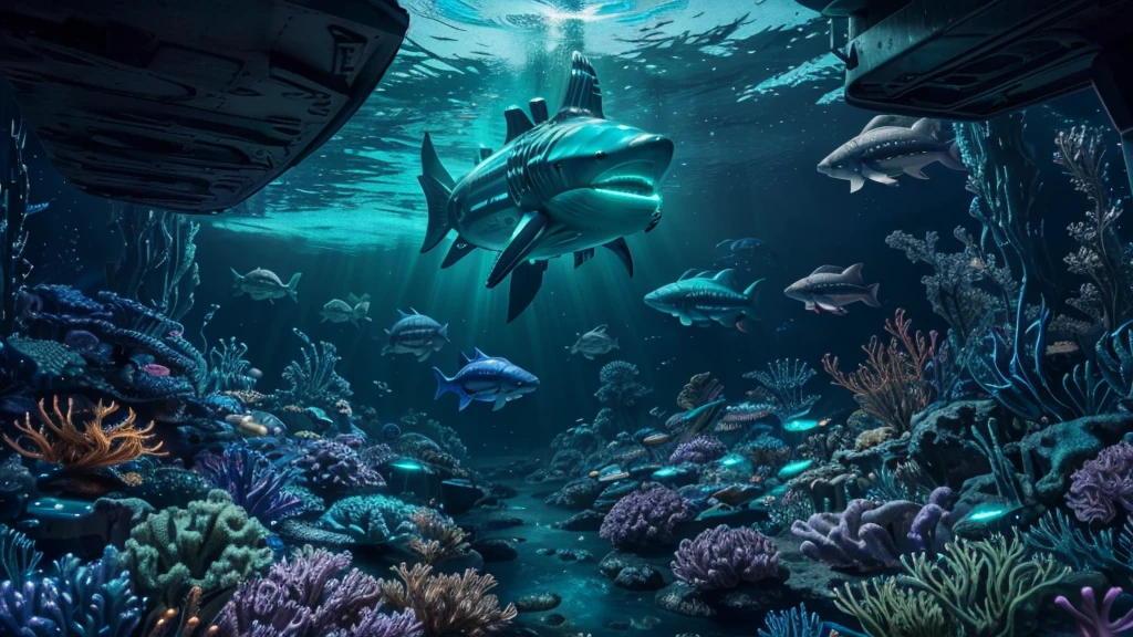 (best quality, 4k, highres, masterpiece:1.2), ultra-detailed, realistic:1.37, vibrant colors, vividly glowing, otherworldly ocean scene, underwater paradise, mesmerizing deep sea world, ethereal aquatic realm, surreal marine environment, stunning biomechanical sea creatures, breathtaking luminescent flora and fauna, alien sea ecosystem, artificial intelligence infused marine life, futuristic marine technology, biomechanical wonders, futuristic underwater city, mysterious depths, fathomless abyss, shimmering bioluminescent organisms, radiant jellyfish swimming gracefully, vibrant hues of neon blue, electric green, and iridescent purple, robotic sharks patrolling the depths, clockwork fish with intricate gears and mechanisms, glowing eels coiling around underwater structures, phosphorescent algae casting an enchanting glow, flickering neon lights illuminating the sea, transcendent beauty, immersive visual spectacle.