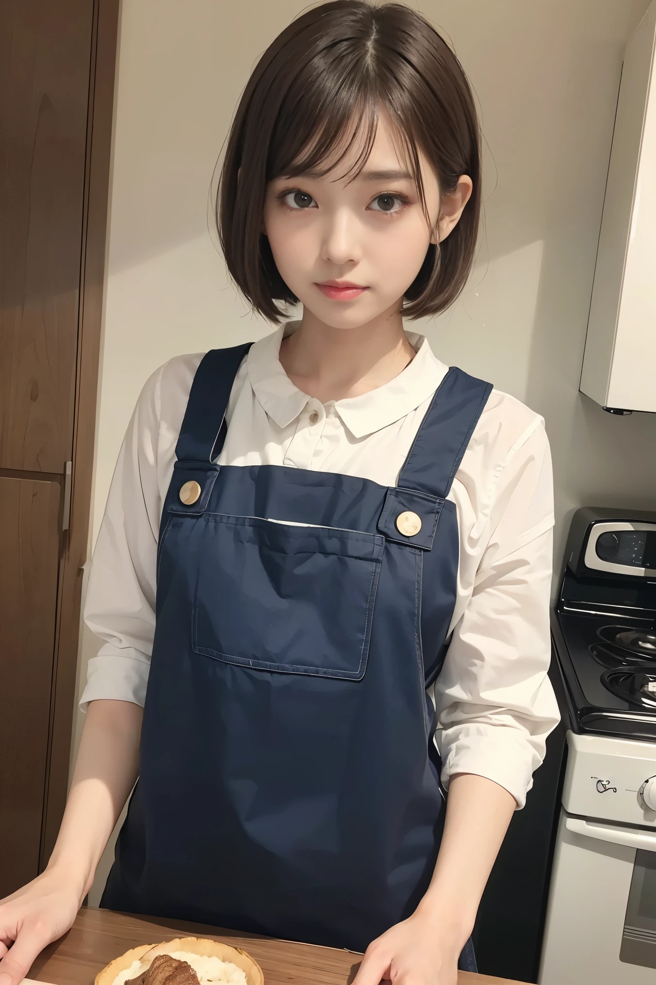 Cute 21 years old Japan、kitchin、Cooking、Super Detail Face、Eye of Detail、double eyelid、beautiful thin nose、sharp focus:1.2、prety woman:1.4、(light brown hair,short-haired、),fair white skin、top-quality、​masterpiece、超A high resolution、(Photorealsitic:1.4)、pinafore、kitchin、Medium waist、