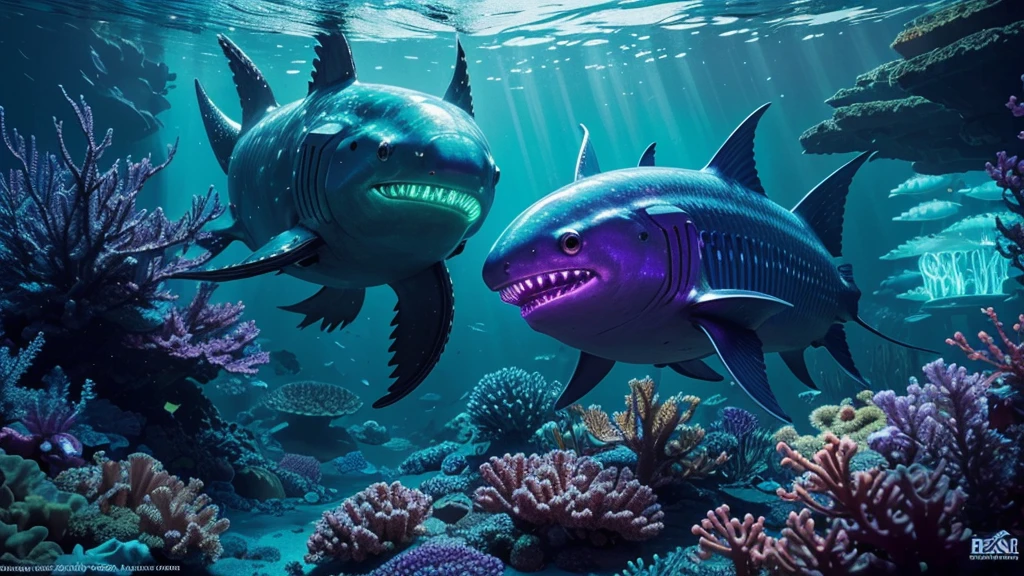 (best quality, 4k, highres, masterpiece:1.2), ultra-detailed, realistic:1.37, vibrant colors, vividly glowing, otherworldly ocean scene, underwater paradise, mesmerizing deep sea world, ethereal aquatic realm, surreal marine environment, stunning biomechanical sea creatures, breathtaking luminescent flora and fauna, alien sea ecosystem, artificial intelligence infused marine life, futuristic marine technology, biomechanical wonders, futuristic underwater city, mysterious depths, fathomless abyss, shimmering bioluminescent organisms, radiant jellyfish swimming gracefully, vibrant hues of neon blue, electric green, and iridescent purple, robotic sharks patrolling the depths, clockwork fish with intricate gears and mechanisms, glowing eels coiling around underwater structures, phosphorescent algae casting an enchanting glow, flickering neon lights illuminating the sea, transcendent beauty, immersive visual spectacle.