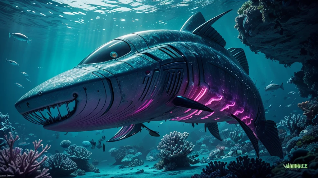 (best quality, 4k, highres, masterpiece:1.2), ultra-detailed, realistic:1.37, vibrant colors, vividly glowing, otherworldly ocean scene, underwater paradise, mesmerizing deep sea world, ethereal aquatic realm, surreal marine environment, stunning biomechanical sea creatures, breathtaking luminescent flora and fauna, alien sea ecosystem, artificial intelligence infused marine life, futuristic marine technology, biomechanical wonders, futuristic underwater city, mysterious depths, fathomless abyss, shimmering bioluminescent organisms, radiant jellyfish swimming gracefully, vibrant hues of neon blue, electric green, and iridescent purple, robotic sharks patrolling the depths, clockwork fish with intricate gears and mechanisms, glowing eels coiling around underwater structures, phosphorescent algae casting an enchanting glow, flickering neon lights illuminating the sea, transcendent beauty, immersive visual spectacle.