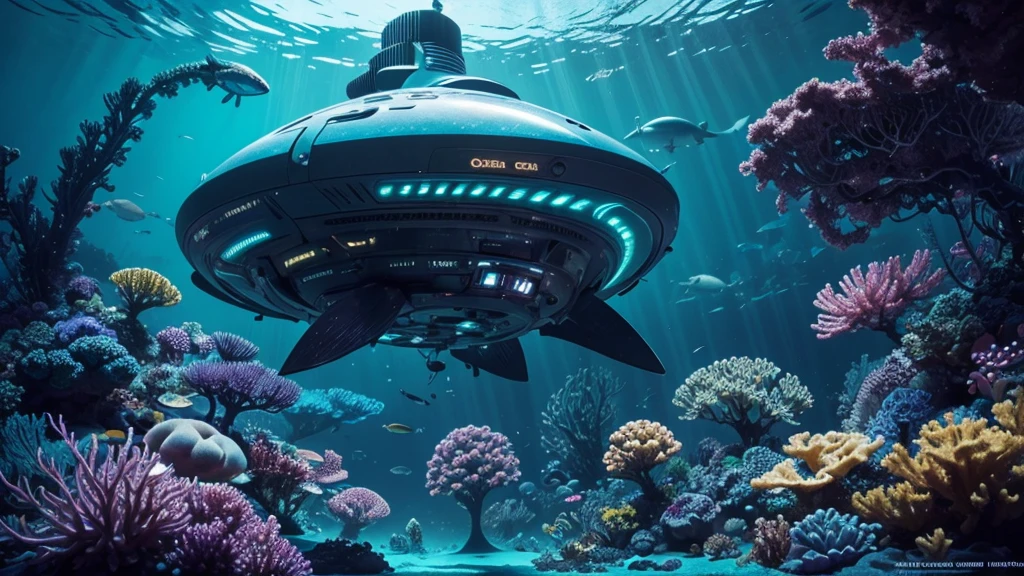 (best quality, 4k, highres, masterpiece:1.2), ultra-detailed, realistic:1.37, vibrant colors, vividly glowing, otherworldly ocean scene, underwater paradise, mesmerizing deep sea world, ethereal aquatic realm, surreal marine environment, stunning biomechanical sea creatures, breathtaking luminescent flora and fauna, alien sea ecosystem, artificial intelligence infused marine life, futuristic marine technology, biomechanical wonders, futuristic underwater city, mysterious depths, fathomless abyss, shimmering bioluminescent organisms, radiant jellyfish swimming gracefully, vibrant hues of neon blue, electric green, and iridescent purple, robotic sharks patrolling the depths, clockwork fish with intricate gears and mechanisms, glowing eels coiling around underwater structures, phosphorescent algae casting an enchanting glow, flickering neon lights illuminating the sea, transcendent beauty, immersive visual spectacle.