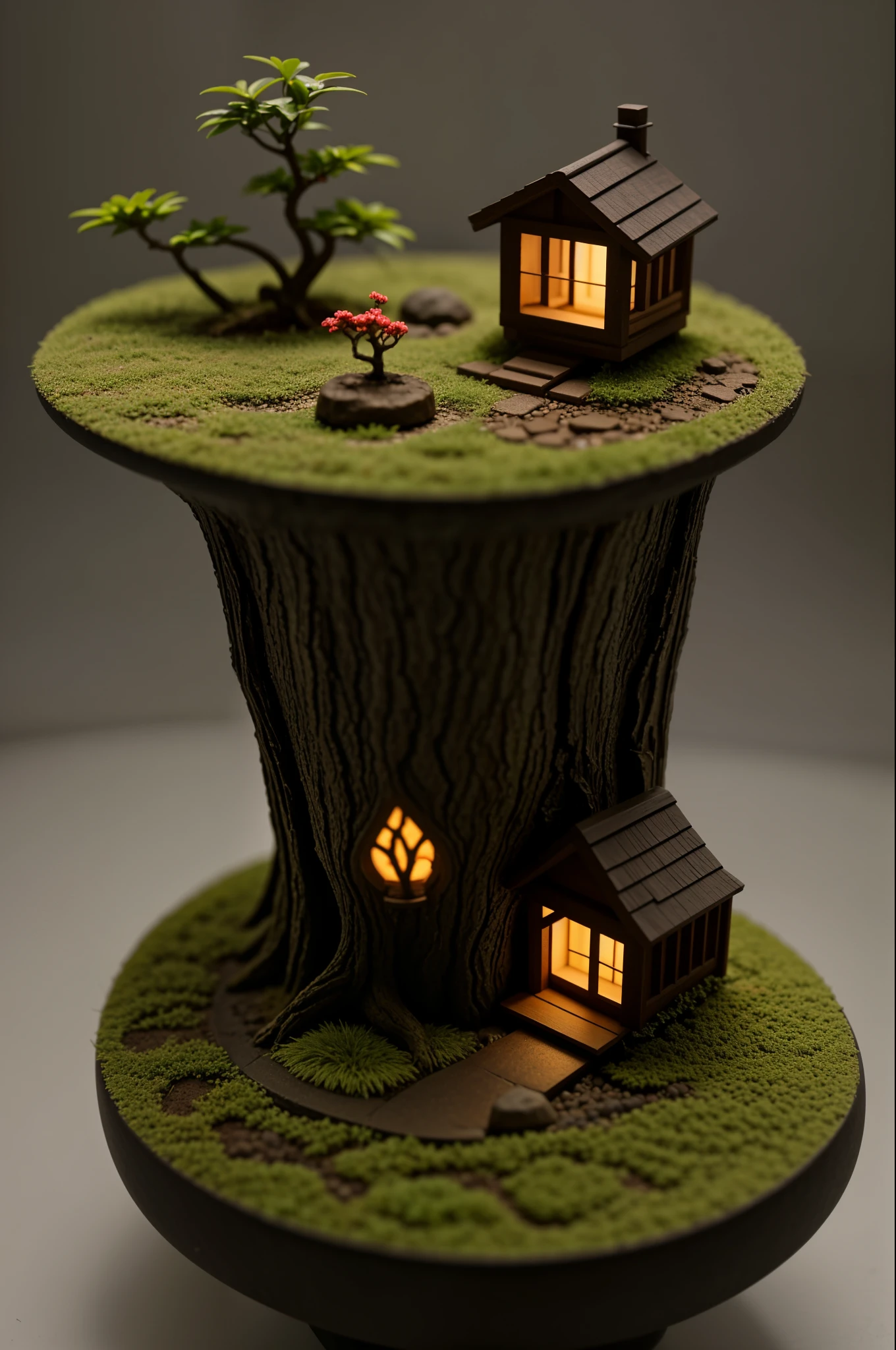 （estilo pixar),realista bonsai and miniature treehouse, bonsai tree house、Modelos de figuras en miniatura, Fuente de luz de derecha a izquierda, Rambrandt Lighting, Fuente de luz de derecha a izquierda, (isometric view), (De arriba hacia abajo), realista scale, Postprocesamiento, ((perspectiva ortogonal)), Super detail, realista, super realistic, realistic representation, Slightly dim lighting、professional photographer