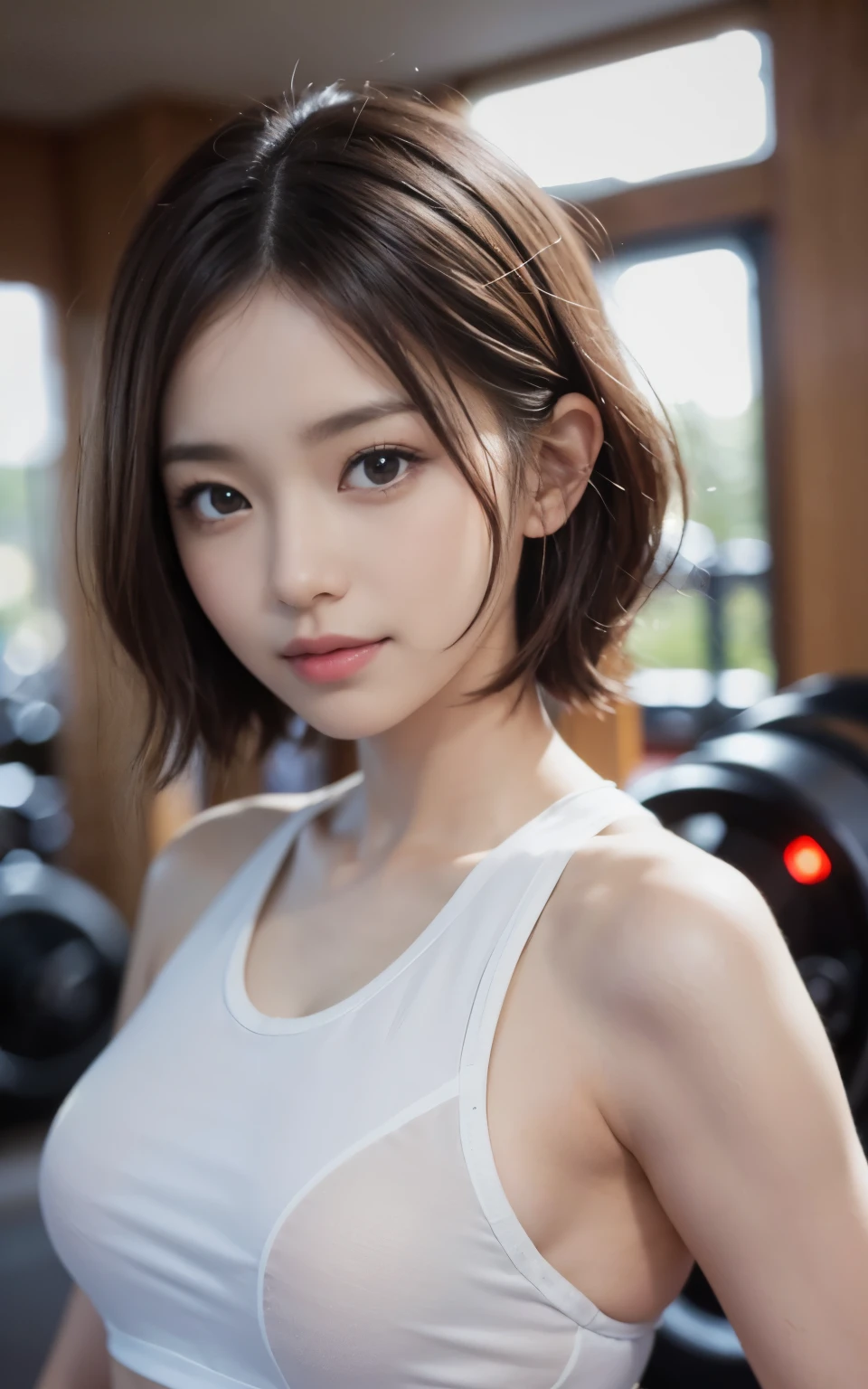Cute 21 years old Japan 、college aged、cute sportswear,Super Detail Face、Eye of Detail、double eyelid、beautiful thin nose、sharp focus:1.2、prety woman:1.4、(light brown hair,short-haired、),fair white skin、、top-quality、masterpiece、超A high resolution、(Photorealsitic:1.4)、very detailed and professional lighting、A smile、sports gym、