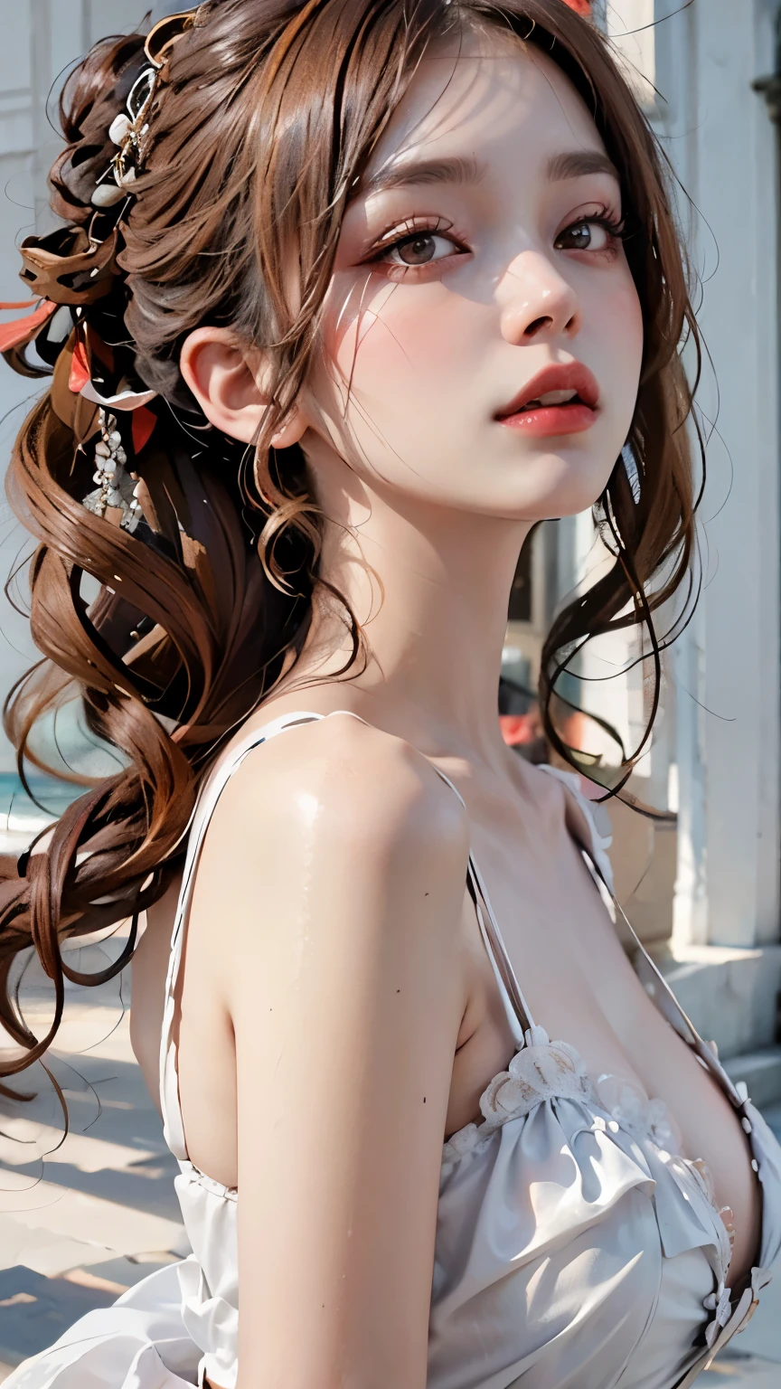 Modify hair only、Face）White clothes，chiffon，Reddish-brown hair，curls，ponytail，Nice bun，Perfect hairstyle，red headdress，red eyes，red eye，red pupils，Delicate and detailed eyes，clear eyes，Red eyes，huge ，Extremely detailed CG unified 8K wallpaper，blurred background，realistic