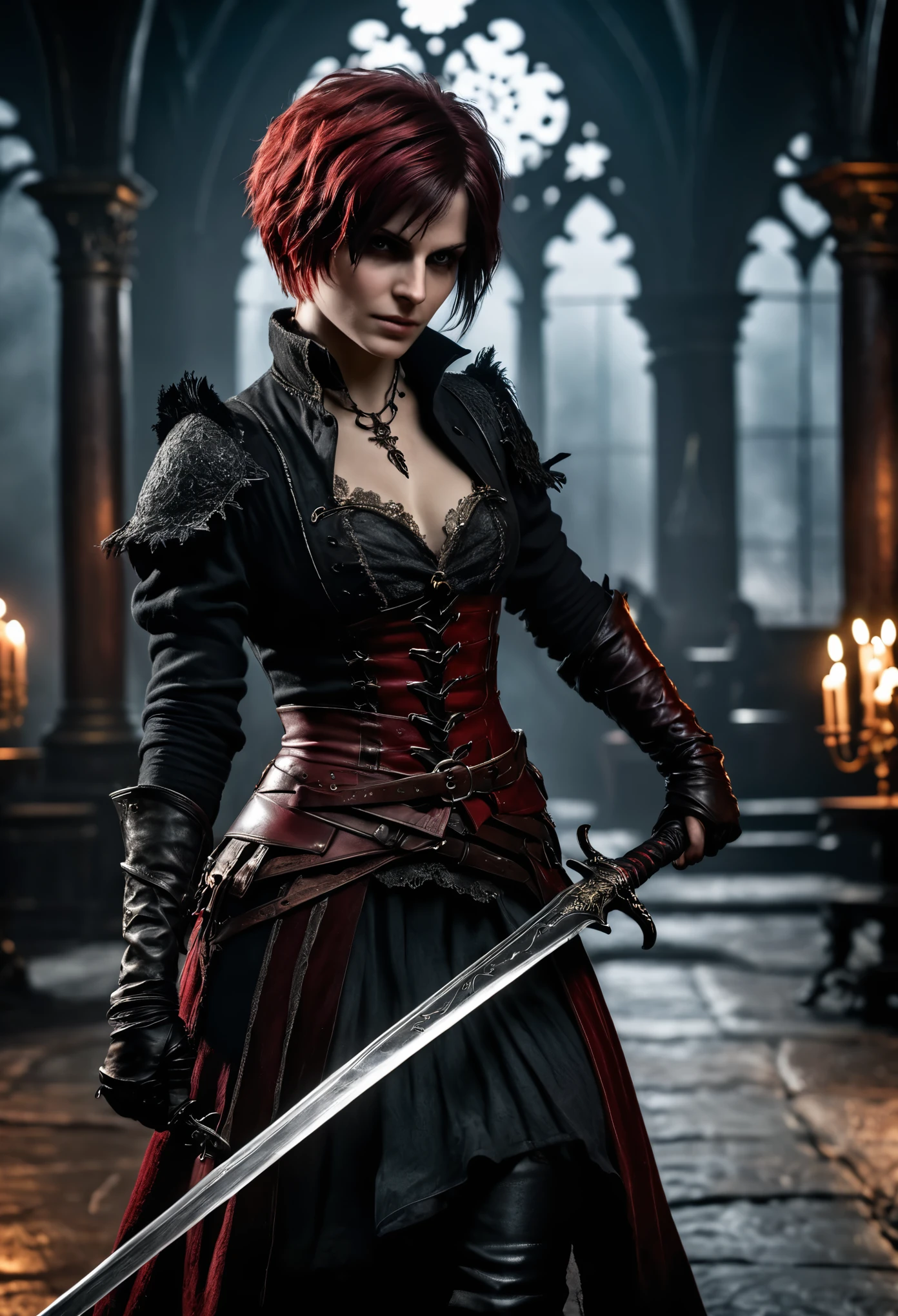 photo shot on Nikon D850, Bloodborne ~ Dark Souls 3 ~ Elden Ring ~ ultra detailed gorgeous woman with short black-red colored hair, extremely sexy, dancing with a sword, in a world of black and red, dark gloomy antique atmosphere, cinematic, blushing, teasing, Alluring. highly stylized. depth of field, bokeh effect, backlit, stylish, elegant, breathtaking, visually rich, masterpiece, full body shot.