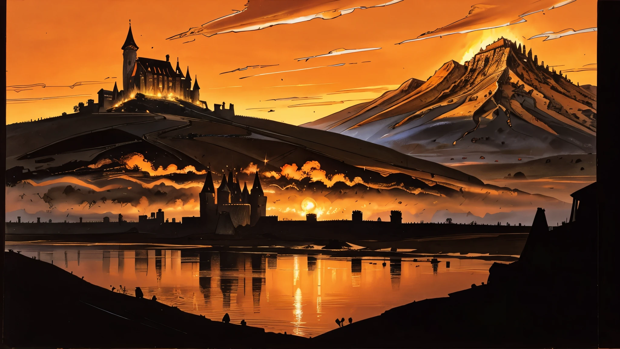 a huge medieval castle in the background, flames everywhere, orange sky like a sunset, lots of clouds, mountains in the distance.