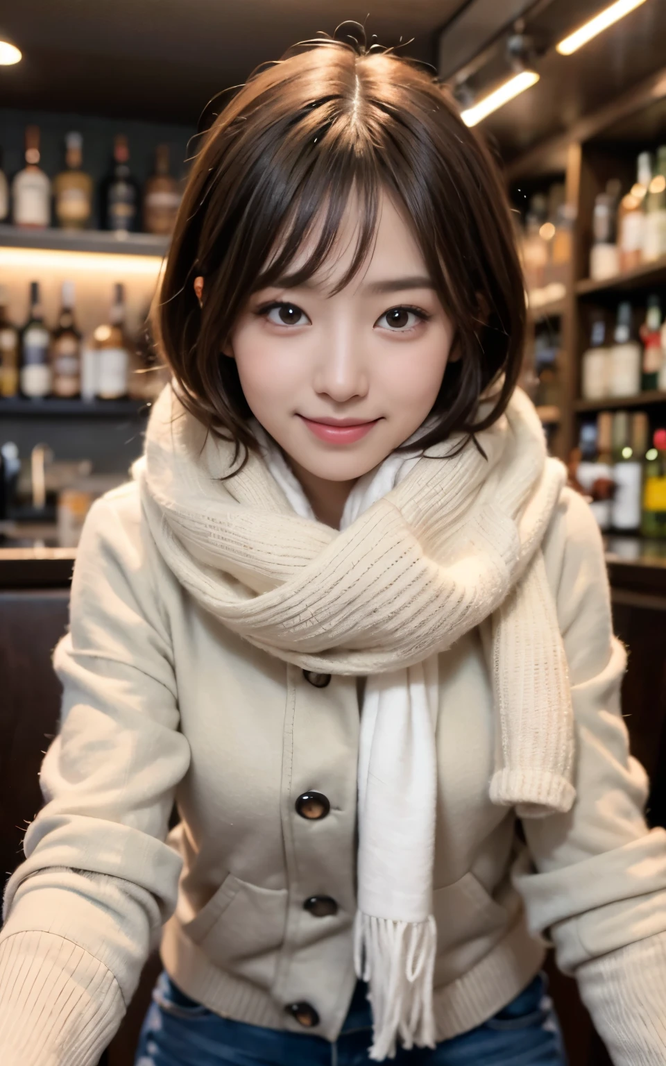 cute 21 year old japanese、drink beer at the bar、nice bar、super detail face、pay attention to details、double eyelid、beautiful thin nose、sharp focus:1.2、Beautiful woman:1.4、(light brown hair,short hair、),pure white skin、highest quality、masterpiece、ultra high resolution、(Photoreal:1.4)、Highly detailed and professional lighting、nice smile、Show the whole body、Cute winter clothes、