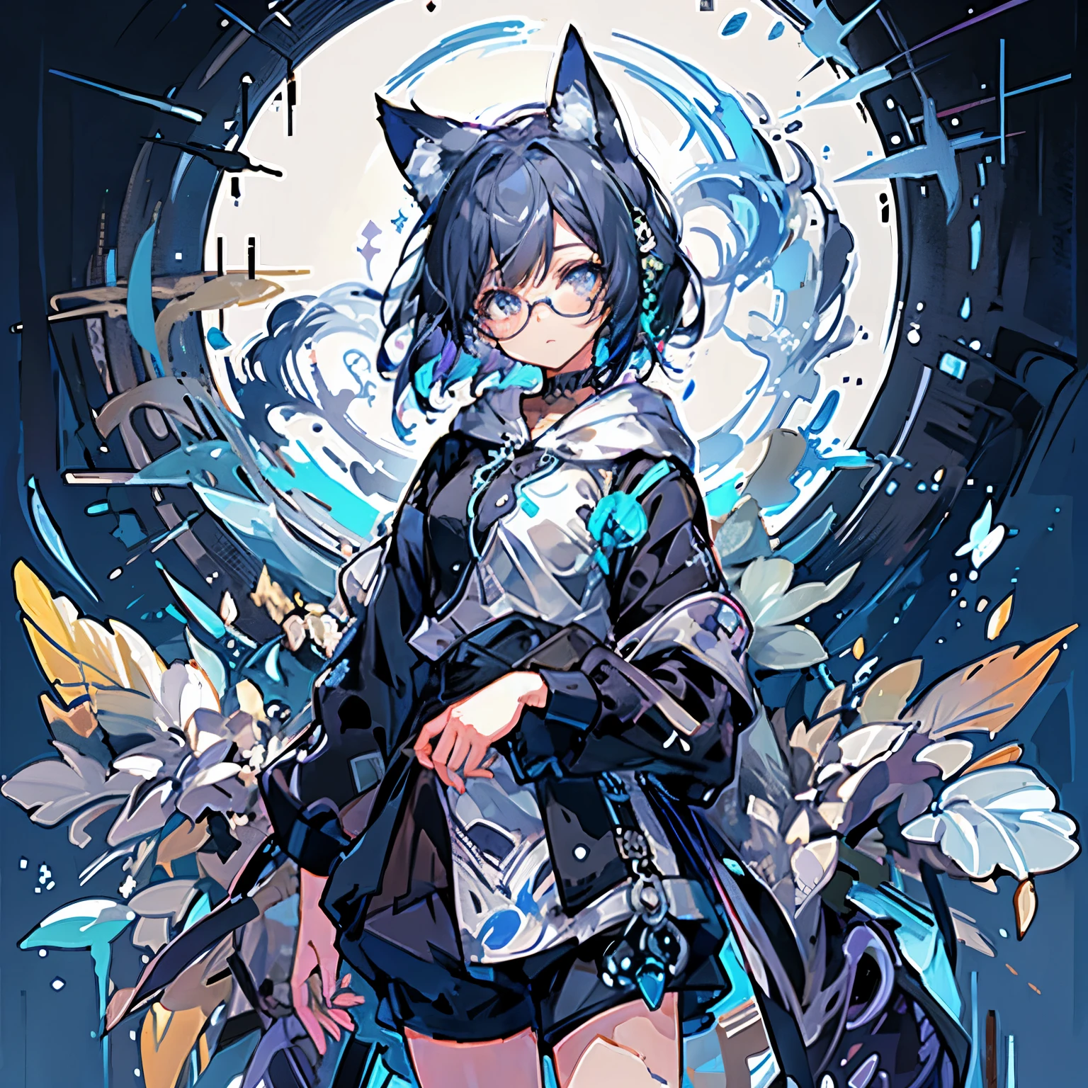 8K high quality、((A first-class masterpiece))、((Super detailed))、1 female、alone、outrageously absurd、oversized hoodie、headphones、street、exterior lights、night rain、neon、short cut hair、light colored eyes、put one&#39;Hand in hand&#39;pocket of、shorts、water dripping、blue hair gradient purple、bob hair、Glasses、Cat ear、animal ears、sparkling eyes

