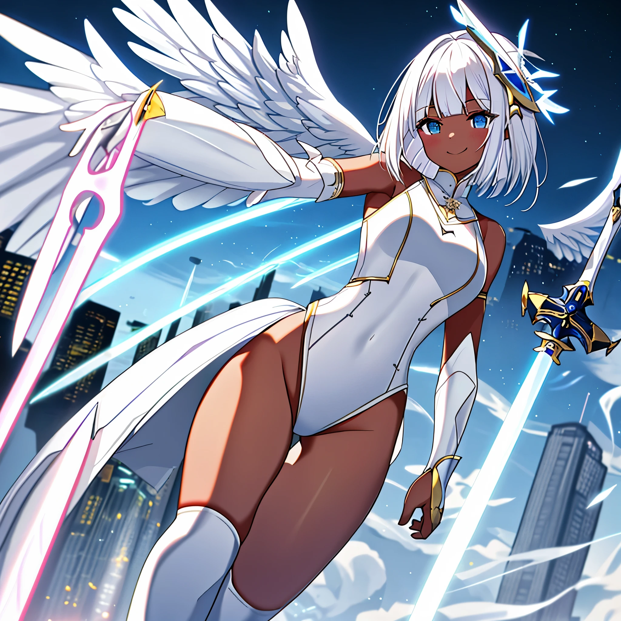 fantasy, 1angel_girl, low_, white_medium_bob_hair,long_bangs, (dark_skin)+, bare_shoulder, navel out, thighhighs,silver_shiny_armor, white_clothes,waist_armor, Glebe, hold_shiny_swords, medium_breasts,, dynamic_pose_fighting,Floating, (1pair_white_wings,pelvic_curtain)++, Headgear ,city_sky_background,,slightly_spread_legs, light_smile,multiple_shiny_swords_floating_around_the_girl