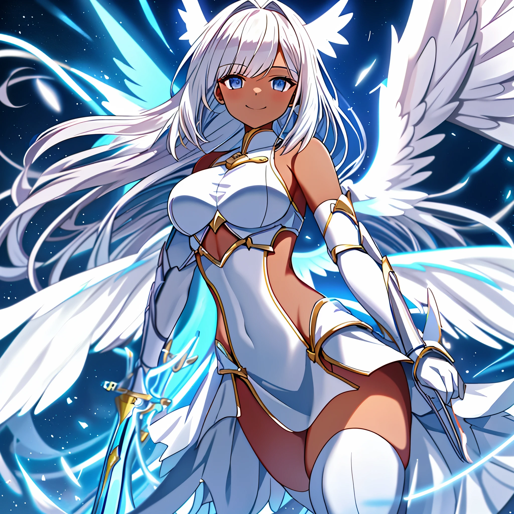 fantasy, 1angel_girl, low_, white_medium_bob_hair,long_bangs, (dark_skin)+, bare_shoulder, navel out, thighhighs,silver_shiny_armor, white_clothes,waist_armor, Glebe, hold_shiny_swords, medium_breasts,, dynamic_pose_fighting,Floating, (1pair_white_wings,pelvic_curtain)++, Headgear ,city_sky_background,,slightly_spread_legs, light_smile,multiple_shiny_swords_floating_around_the_girl