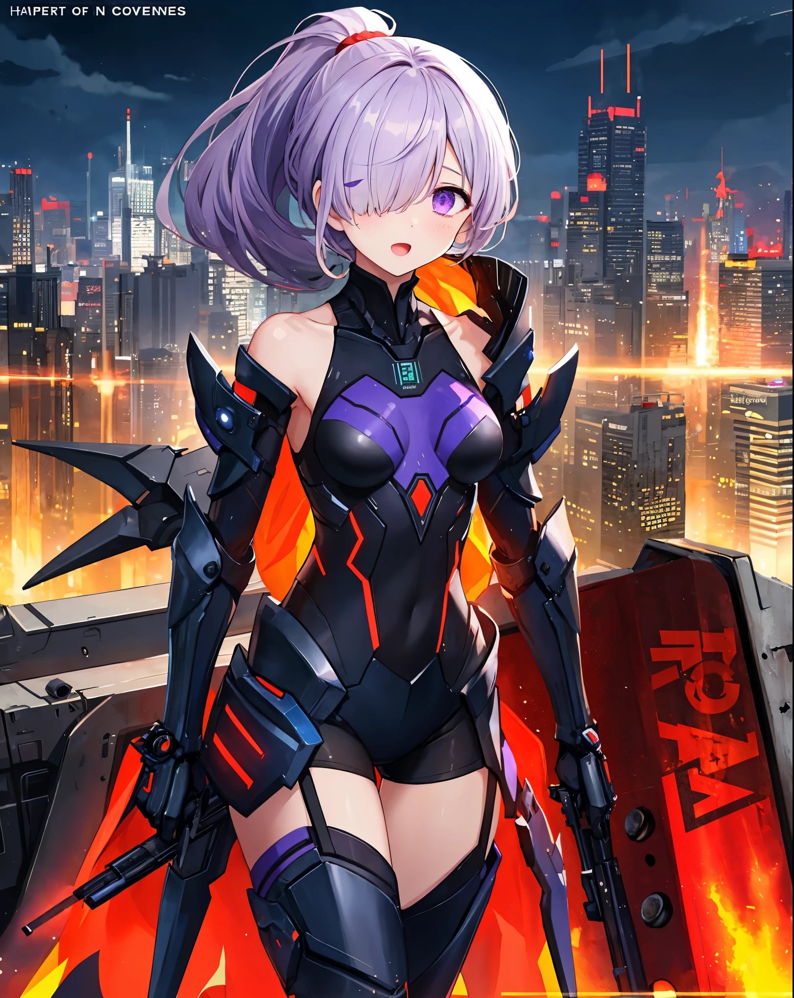 ,1girl,(teen:1.5), (short_ponytail:1.3), (light_whitish_purple_hair:1.3),black_mechanical_armor,white_breasts_parts_red_black_body_suit,bare_shoulder,bare_slender_thighs,medium_breasts,city_background,Stinging_eyes,sleepy,thighhigh_greaves,gauntlets,dynamic_posing,bare_frank,metal_red_parts_armor,red_eye,solo,
fists,hold_weapon,glare,navel,large_mechanical_parts,happy,waist_armor,open_mouth,rise_legs,apart_legs, (covered_navel:1.3),(very_long_bangs:1.3), (hair_over_one_eye:1.5),(long_bang_covers_right_half_of_face:1.5),
(covered_pussy:1.1),covered_breasts,fighting,