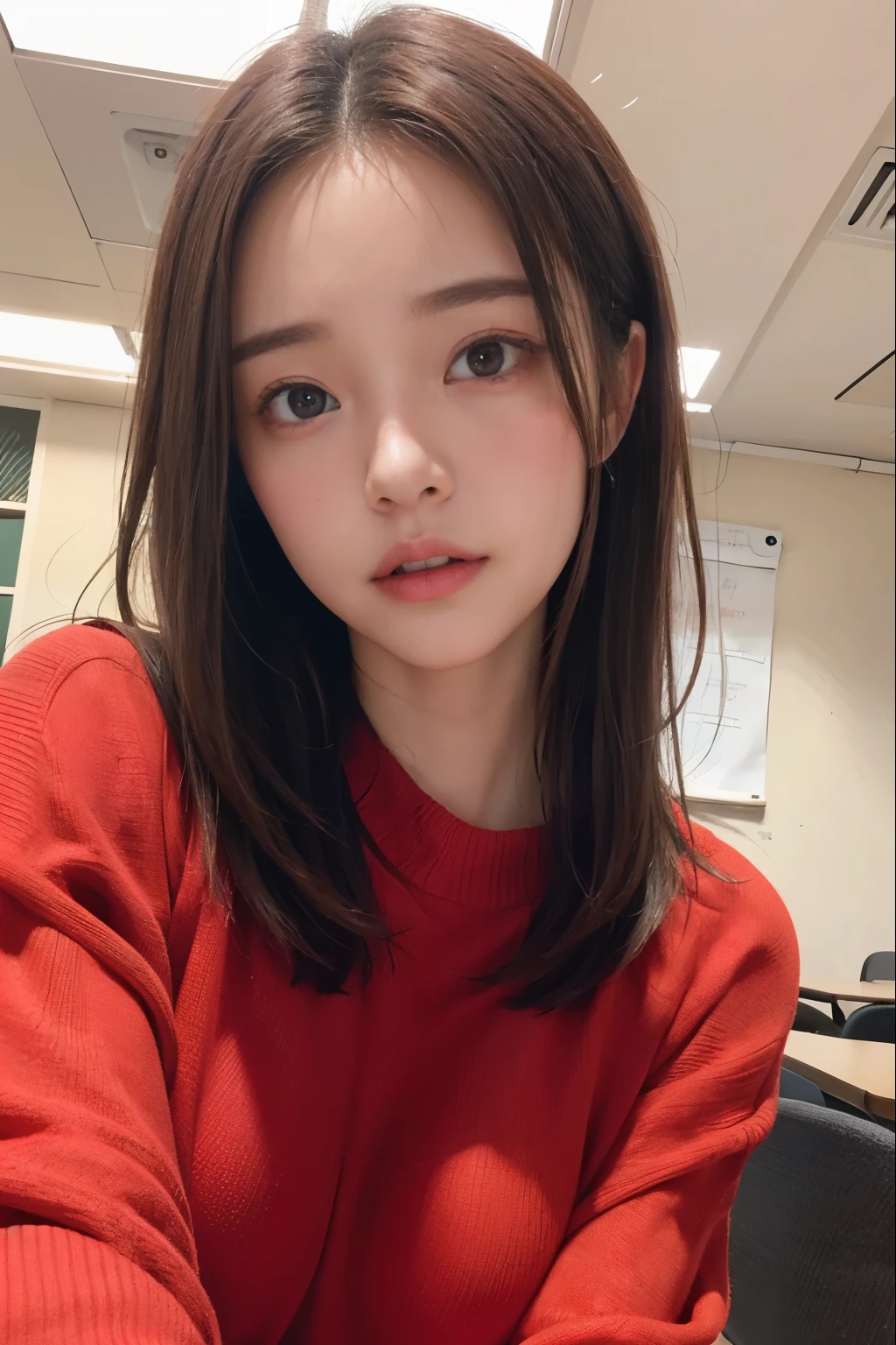 Random pose、top quality、ultra high resolution、(Realism:1.5)、1 girl、red sweater、(brown hair:1.2)、(Big breasts:1.2)、Classroom、looking at the audience、close up、Whole BodyEsbian、nasty eyes
