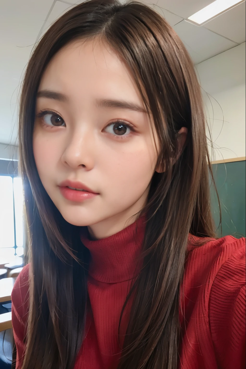 Random pose、top quality、ultra high resolution、(Realism:1.5)、1 girl、red sweater、(brown hair:1.2)、(Big breasts:1.2)、‎Classroom、looking at the audience、close up、Whole BodyEsbian、nasty eyes