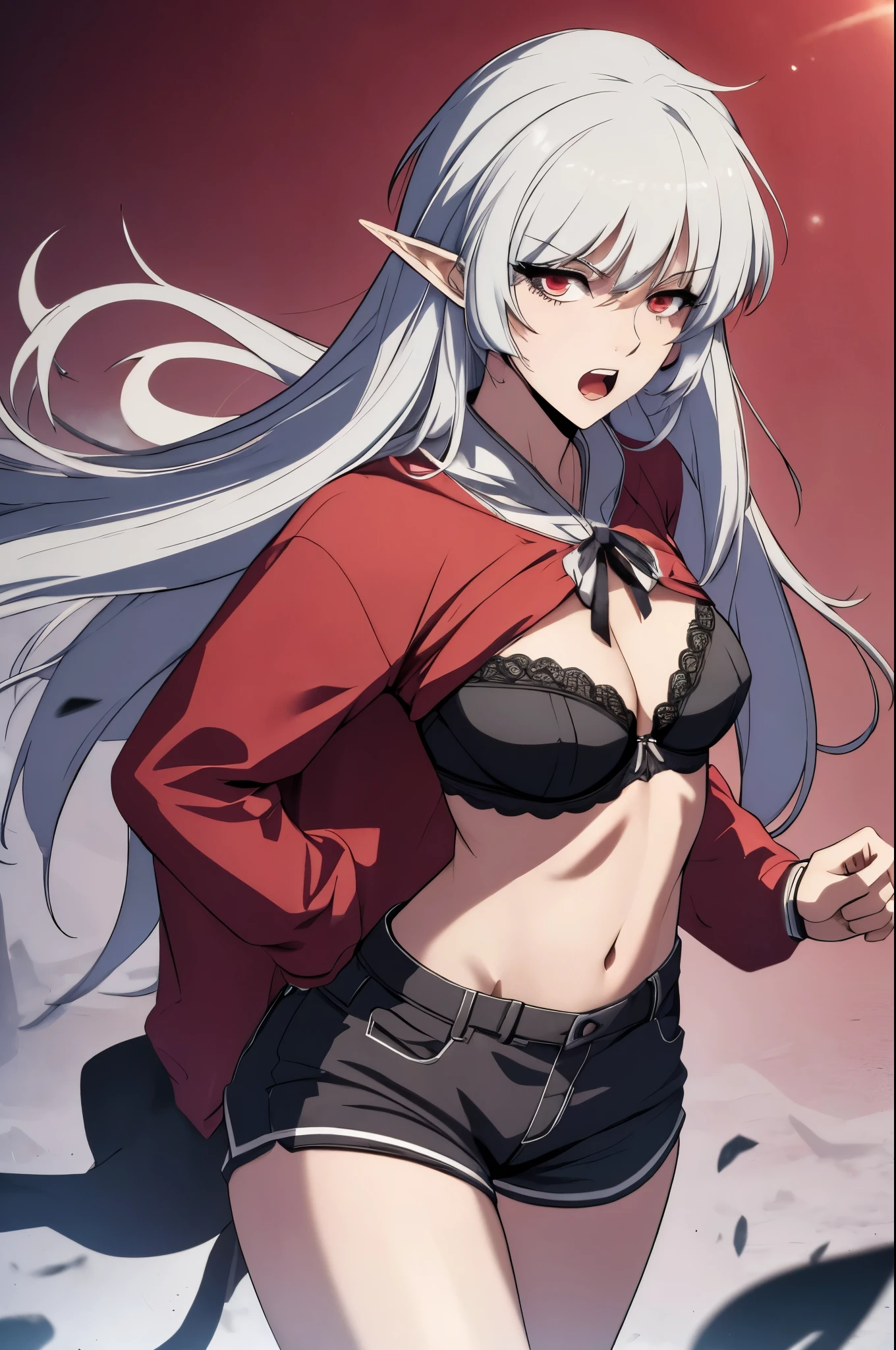 (Disgusted face),alice,vampire,grey hair, long hair, red eyes, pointy ears, small ,(bra,shorts),cleanched teeth,perfect eyes,best quality