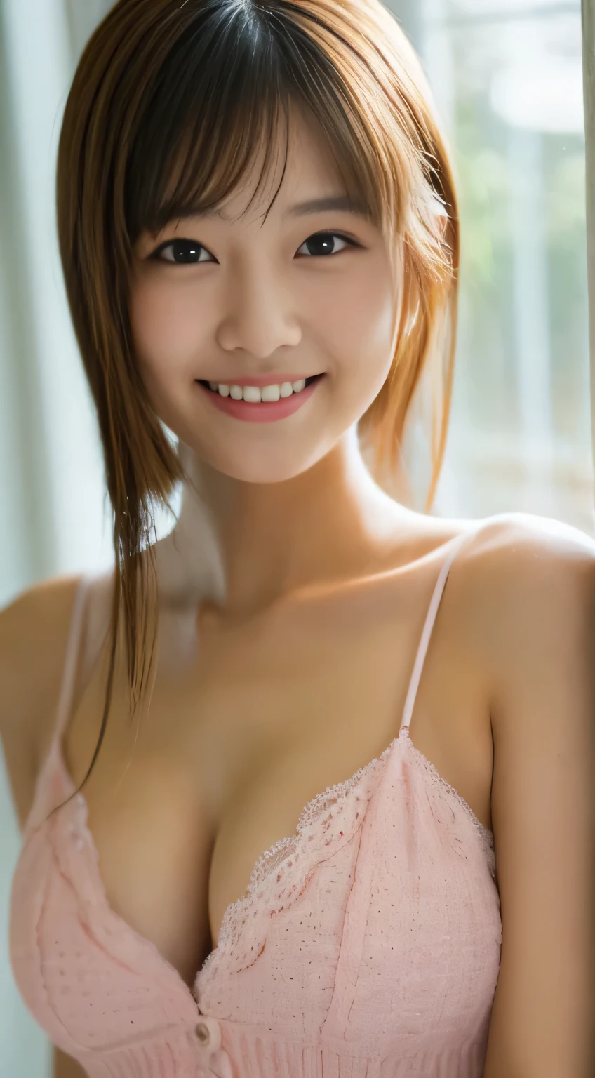 masterpiece,best quality,(Japanese ),((Beautiful girl)),cleavage,indoor,(perfect body beauty:1.2),(shy smile),beautiful teeth,