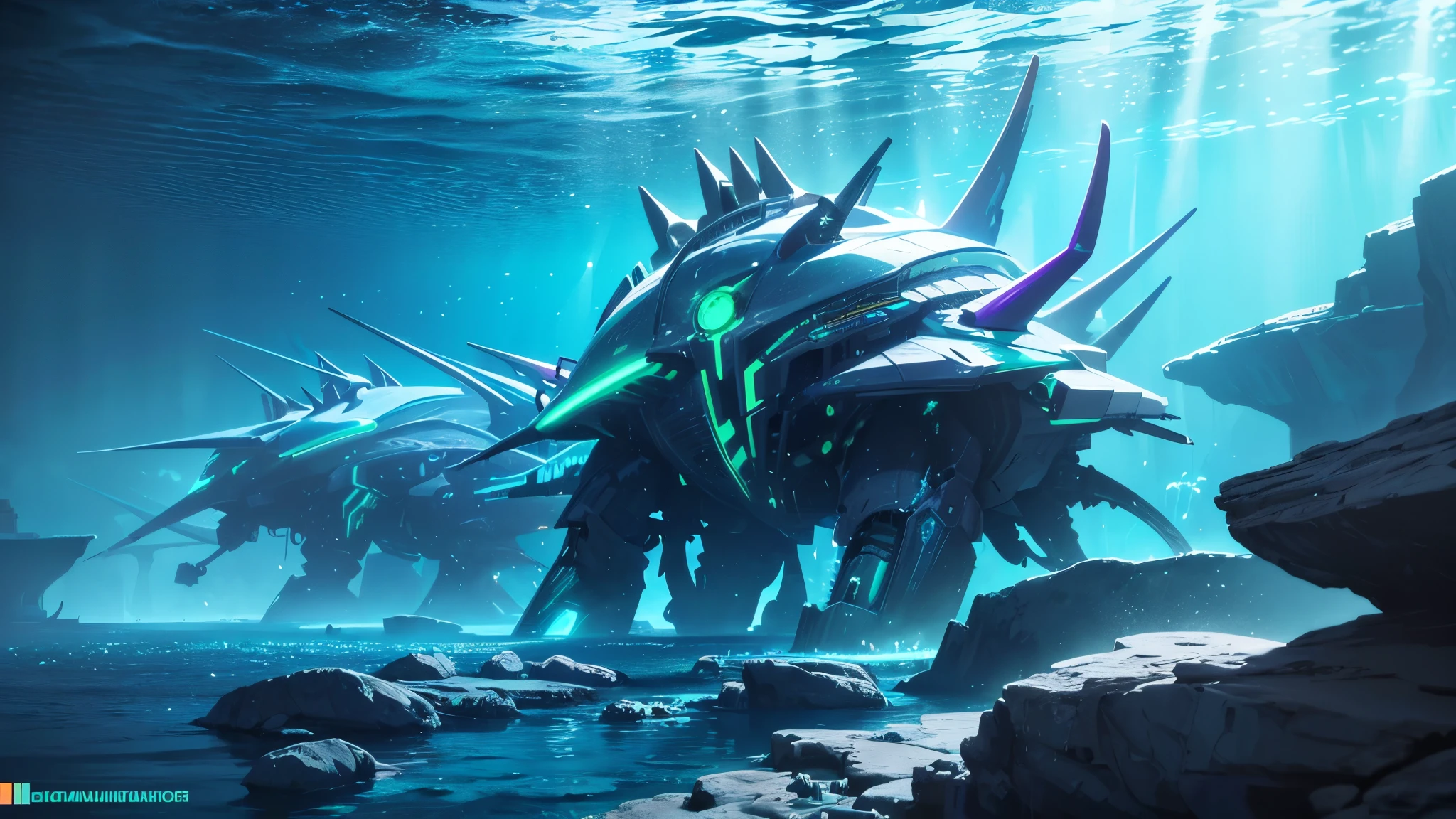 (best quality, 4k, highres, masterpiece:1.2), ultra-detailed, realistic:1.37, vibrant colors, vividly glowing, otherworldly ocean scene, underwater paradise, mesmerizing deep sea world, ethereal aquatic realm, surreal marine environment, stunning biomechanical sea creatures, breathtaking luminescent flora and fauna, alien sea ecosystem, artificial intelligence infused marine life, futuristic marine technology, biomechanical wonders, futuristic underwater city, mysterious depths, fathomless abyss, shimmering bioluminescent organisms, radiant jellyfish swimming gracefully, vibrant hues of neon blue, electric green, and iridescent purple, robotic sharks patrolling the depths, clockwork fish with intricate gears and mechanisms, glowing eels coiling around underwater structures, phosphorescent algae casting an enchanting glow, flickering neon lights illuminating the sea, transcendent beauty, immersive visual spectacle.