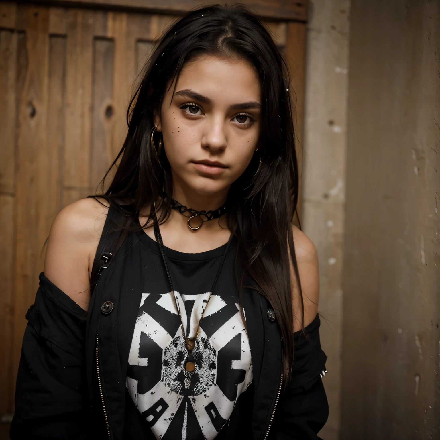 A beautiful teenage girl with piercings in her face and grunge clothing. She has beautiful long black her with big brown eyes and pretty moles covering her golden skin. She always shows her neck and thighs