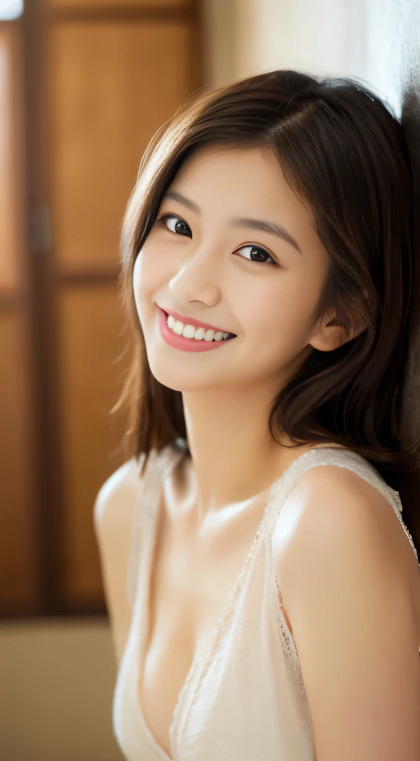 masterpiece,best quality,(Japanese ),((Beautiful girl)),cleavage,indoor,(perfect body beauty:1.2),(shy smile),beautiful teeth,