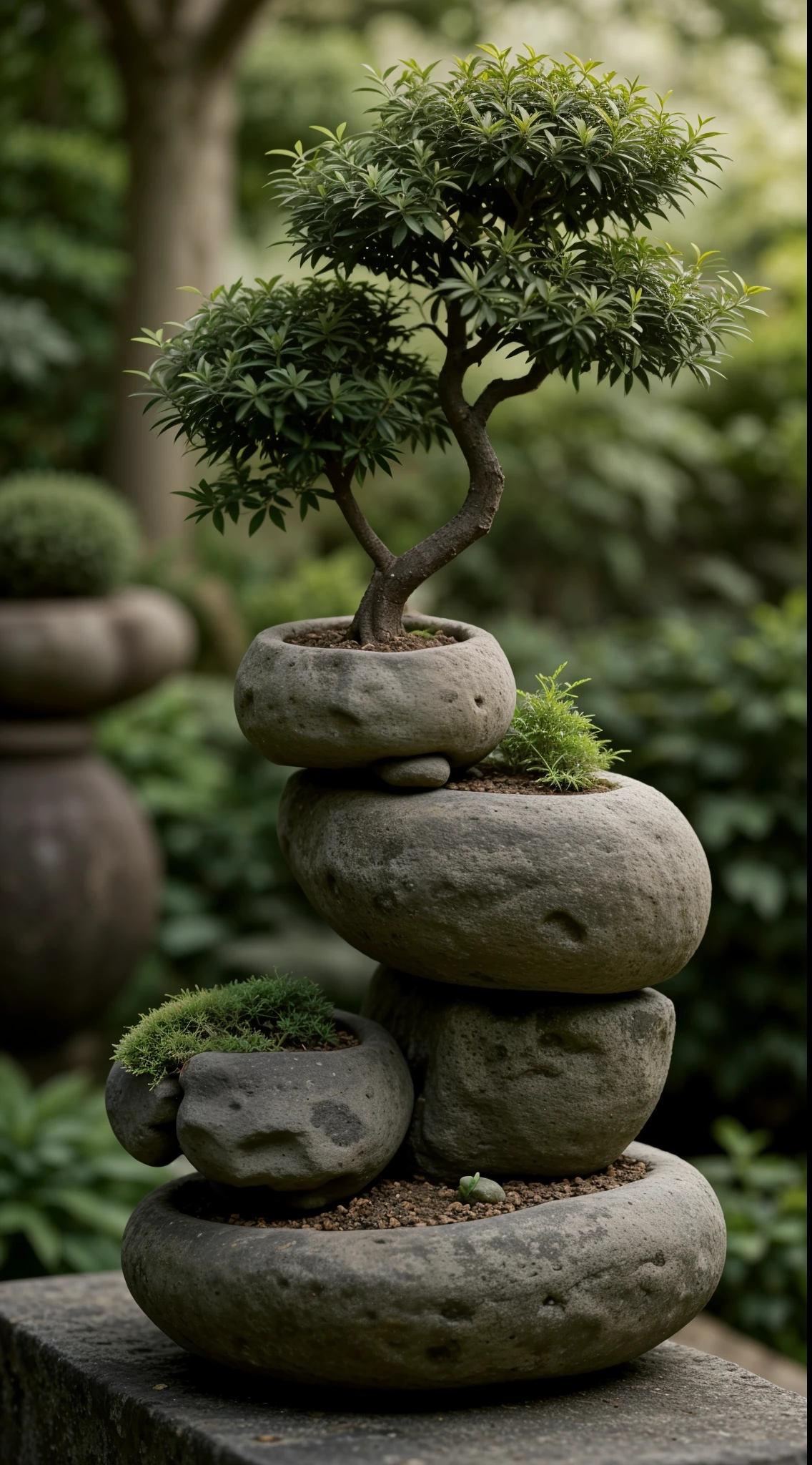 A plant, en conserva, naturaleza muerta, inviernos, flores de ciruelo, stone garden, Bonsai Trees, bruma, detalles exquisitos, super exquisite details, detalles complejos, cinematic style, Luz suave hiperrealista., Evening sun lighting, luz suave difusa, poca profundidad de campo, sharp focus bokeh, Trazado de rayos, subsurface dispersion, el ultra detallado(complejo、meticuloso、Super refined)el detalle, ultra-realistic realism.