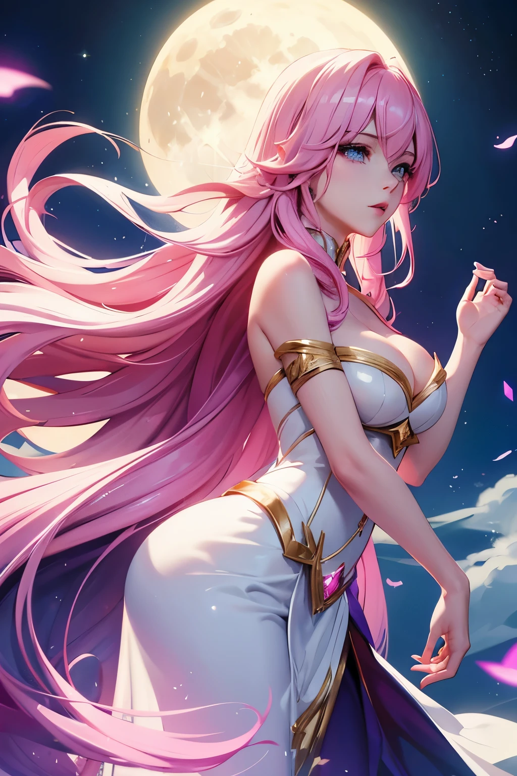 seraphine1, league of legends, pink hair, glowing effects, long hair, cleavage, long white flowing dress, moon in the background, floating in the air, praying