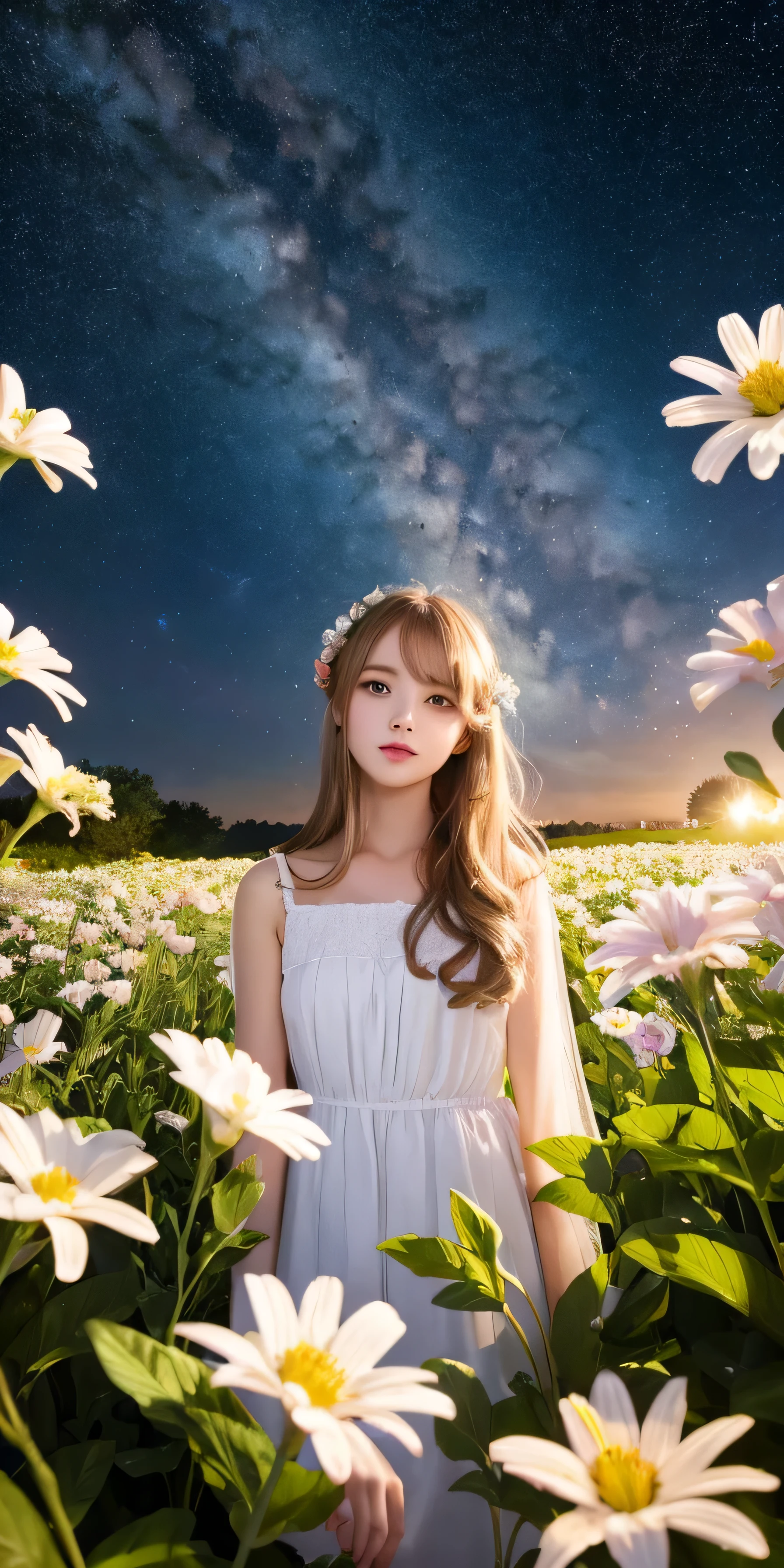 top quality, high_resolution, distinct_image, detailed background, girl, flower, garden, starry sky,