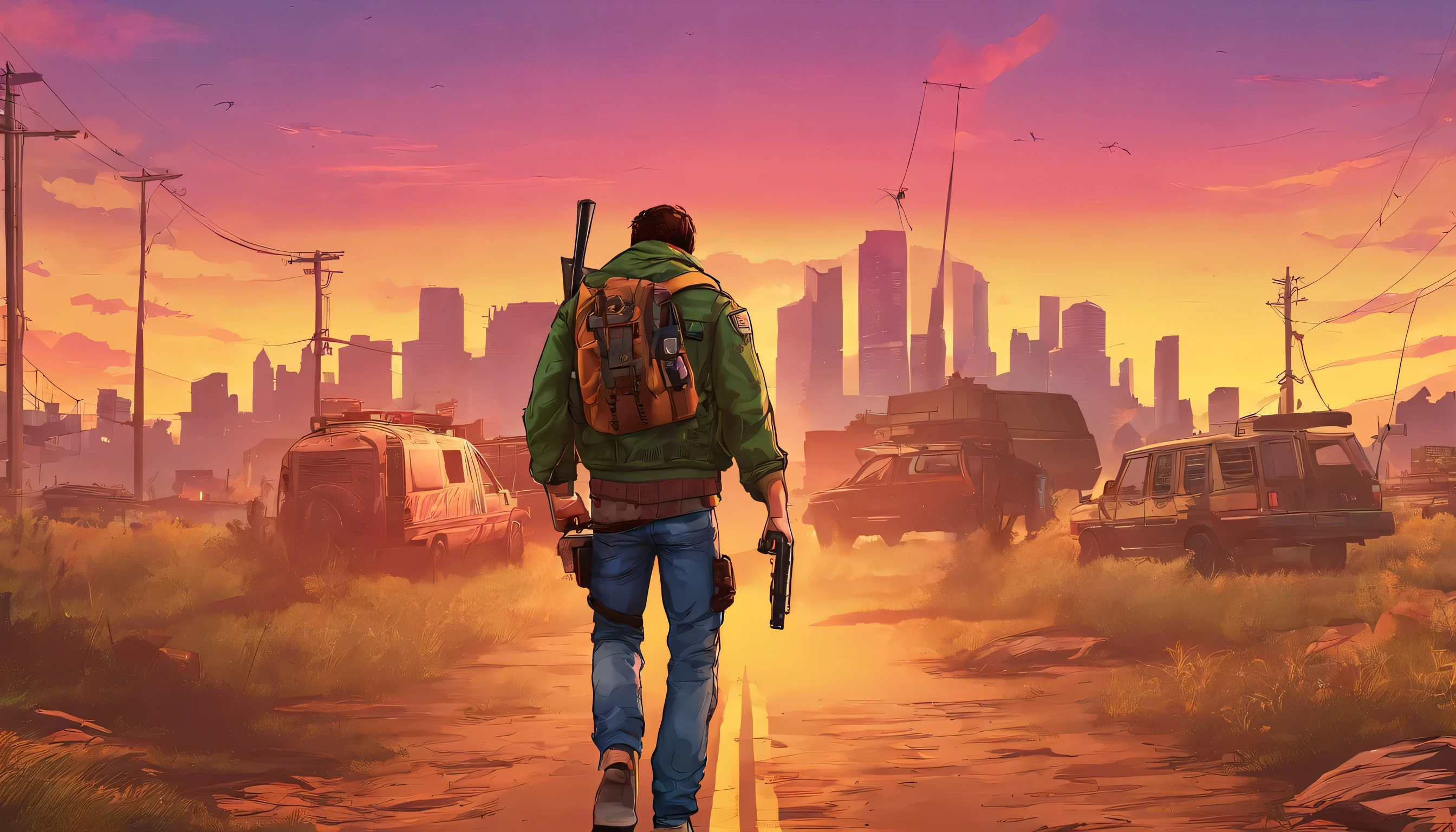 (imagem em CG) Um homem no centro da imagem, walking towards sunset, usando, jaqueta militar usada, jeans usados, uma mochila de acampamento com pequenos rasgos nela, abandoned buildings, Post-apocalyptic, alguns zumbis por perto.