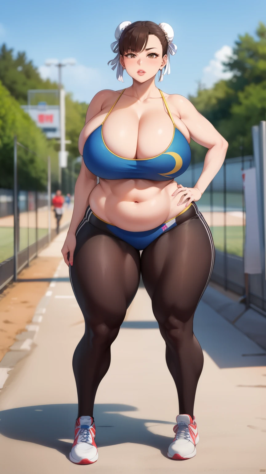 Chunli, 1 girl, ((at last))), perfect face, perfect eyes, looking at the viewer, short hair, brown hair, plump lips, thick lips, wide hips, thick thighs, Longing face, huge natural breasts, cleavage, mature mom, (often play sports), (sports short), looking at the viewer, brown eyes, outdoor, Tokyo, belly button, strong legs, full body shot,