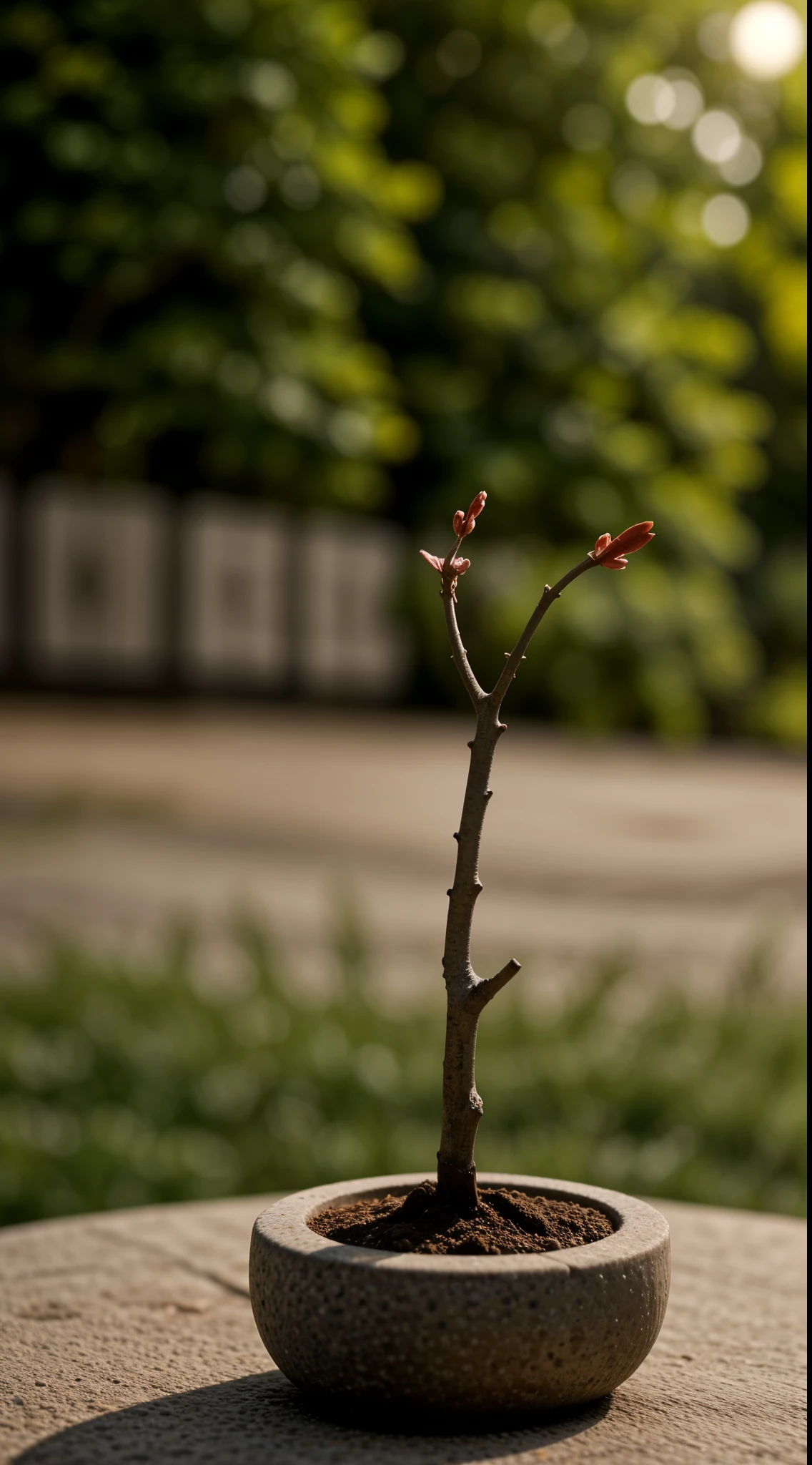 a plant, en conserva, naturaleza muerta, inviernos, flores de durazno, stone garden, bonsai tooth, bruma, detalles exquisitos, super exquisite details, detalles complejos, cinematic style, Luz suave hiperrealista., Evening sun lighting, luz suave difusa, poca profundidad de campo, sharp focus bokeh, Trazado de rayos, subsurface dispersion, el ultra detallado(complejo、meticuloso、Super refined)el detalle, ultra-realistic realism.