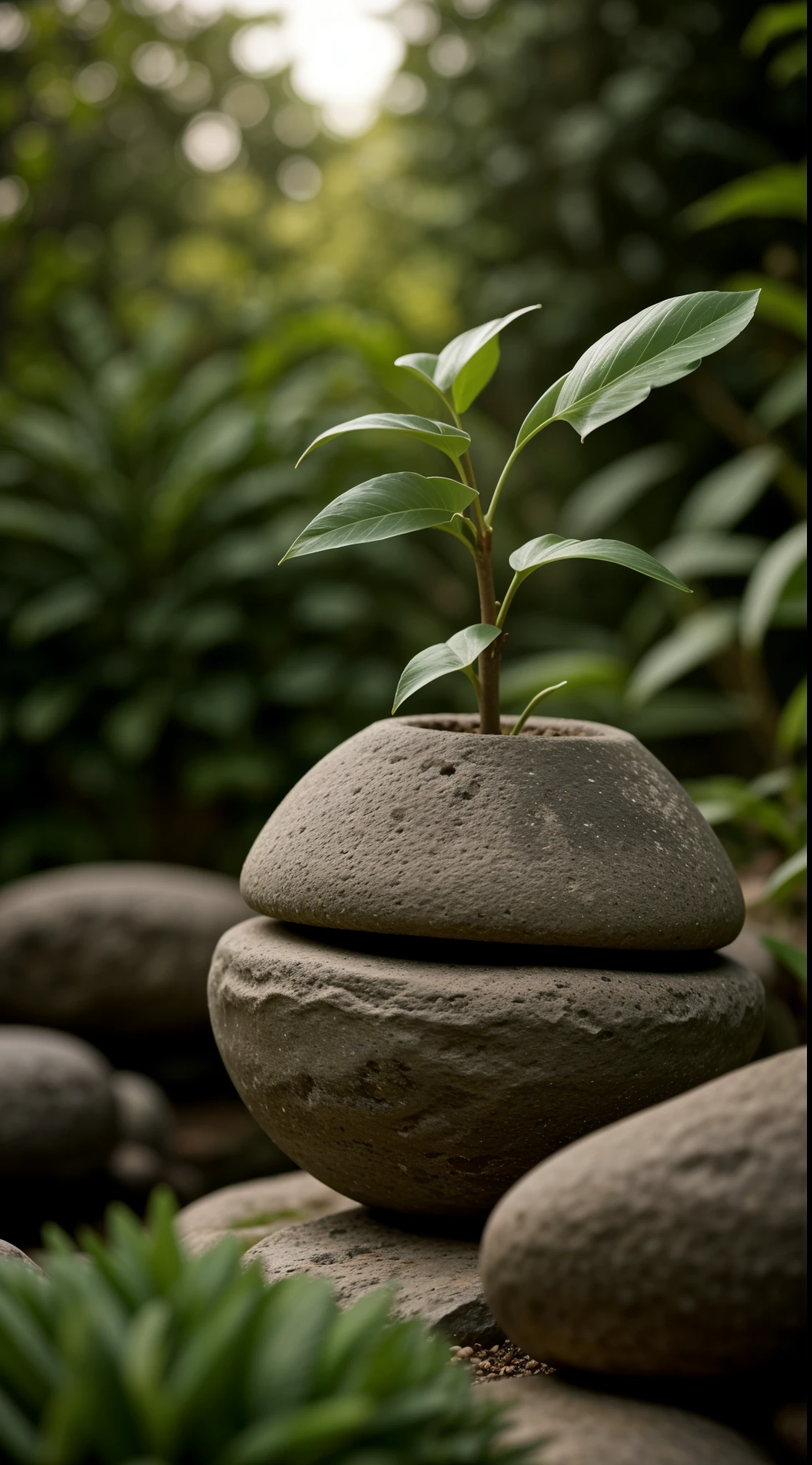 a plant, en conserva, naturaleza muerta, inviernos, flores de durazno, stone garden, bonsai tooth, bruma, detalles exquisitos, super exquisite details, detalles complejos, cinematic style, Luz suave hiperrealista., Evening sun lighting, luz suave difusa, poca profundidad de campo, sharp focus bokeh, Trazado de rayos, subsurface dispersion, el ultra detallado(complejo、meticuloso、Super refined)el detalle, ultra-realistic realism.