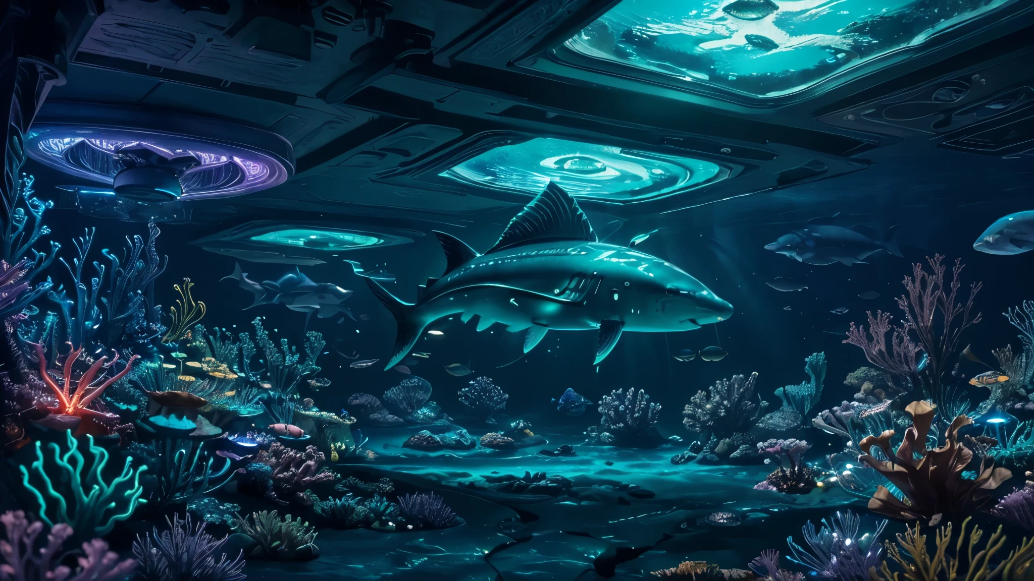 (best quality, 4k, highres, masterpiece:1.2), ultra-detailed, realistic:1.37, vibrant colors, vividly glowing, otherworldly ocean scene, underwater paradise, mesmerizing deep sea world, ethereal aquatic realm, surreal marine environment, stunning biomechanical sea creatures, breathtaking luminescent flora and fauna, alien sea ecosystem, artificial intelligence infused marine life, futuristic marine technology, biomechanical wonders, futuristic underwater city, mysterious depths, fathomless abyss, shimmering bioluminescent organisms, radiant jellyfish swimming gracefully, vibrant hues of neon blue, electric green, and iridescent purple, robotic sharks patrolling the depths, clockwork fish with intricate gears and mechanisms, glowing eels coiling around underwater structures, phosphorescent algae casting an enchanting glow, flickering neon lights illuminating the sea, transcendent beauty, immersive visual spectacle.